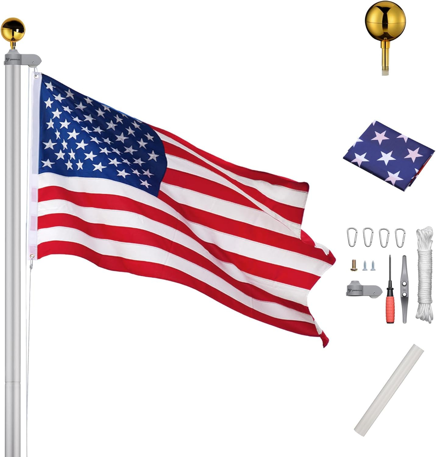 Yescom Bravery 20 Ft Aluminum Sectional Flagpole Kit 3'x5' US Flag Gold Ball Kit Hardware Outdoor Garden Halyard Pole