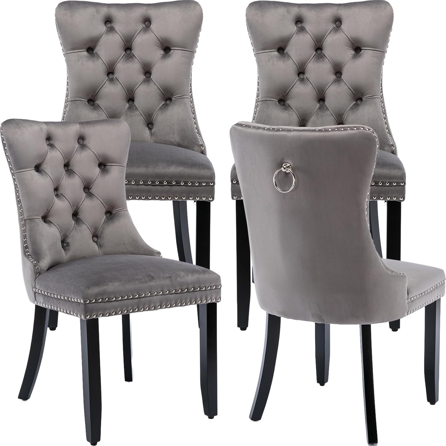 Modern Velvet Upholstered Dining Chairs with Back Button Nailhead Trim Accent Side Chairs with Wood Legs for Kitchen Dining Room(Gray,Set of 4)