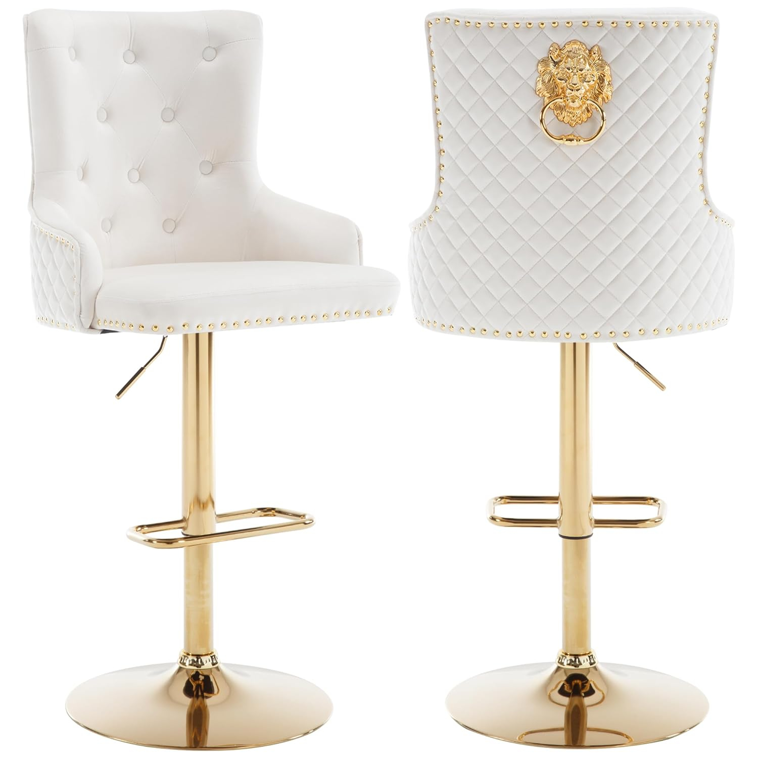 Bar Stools Set of 2, Swivel Barstools with Nailheads Trim, Velvet Button Tufted Back and Golden Footrest, Adjustable Counter Height Bar Stools for Kitchen Counter,Home Bar,Pub, Beige