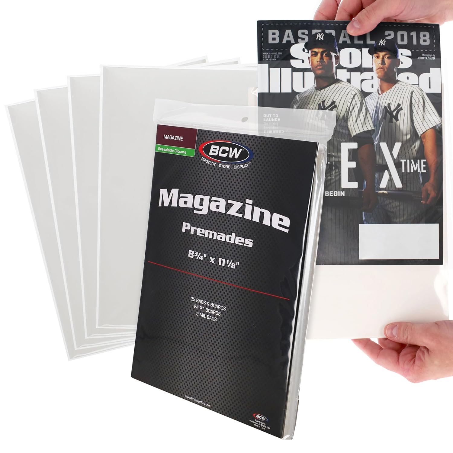 BCW Magazine Premade Resealable Bags and Boards | Standard Size 8 ¾" x 11⅛" | Pre-Loaded Boards in Magazine Sleeve Protectors | Ideal for Packaging and Protecting Magazines (25, Resealable)