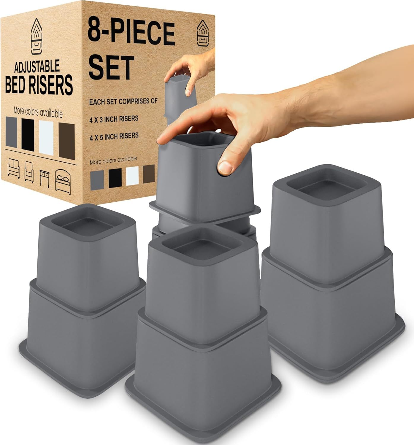 Home Intuition Bed Risers Heavy Duty Adjustable Furniture Riser 3, 5 or 8-Inch, 4 Pack, 8-Piece Set (Grey)