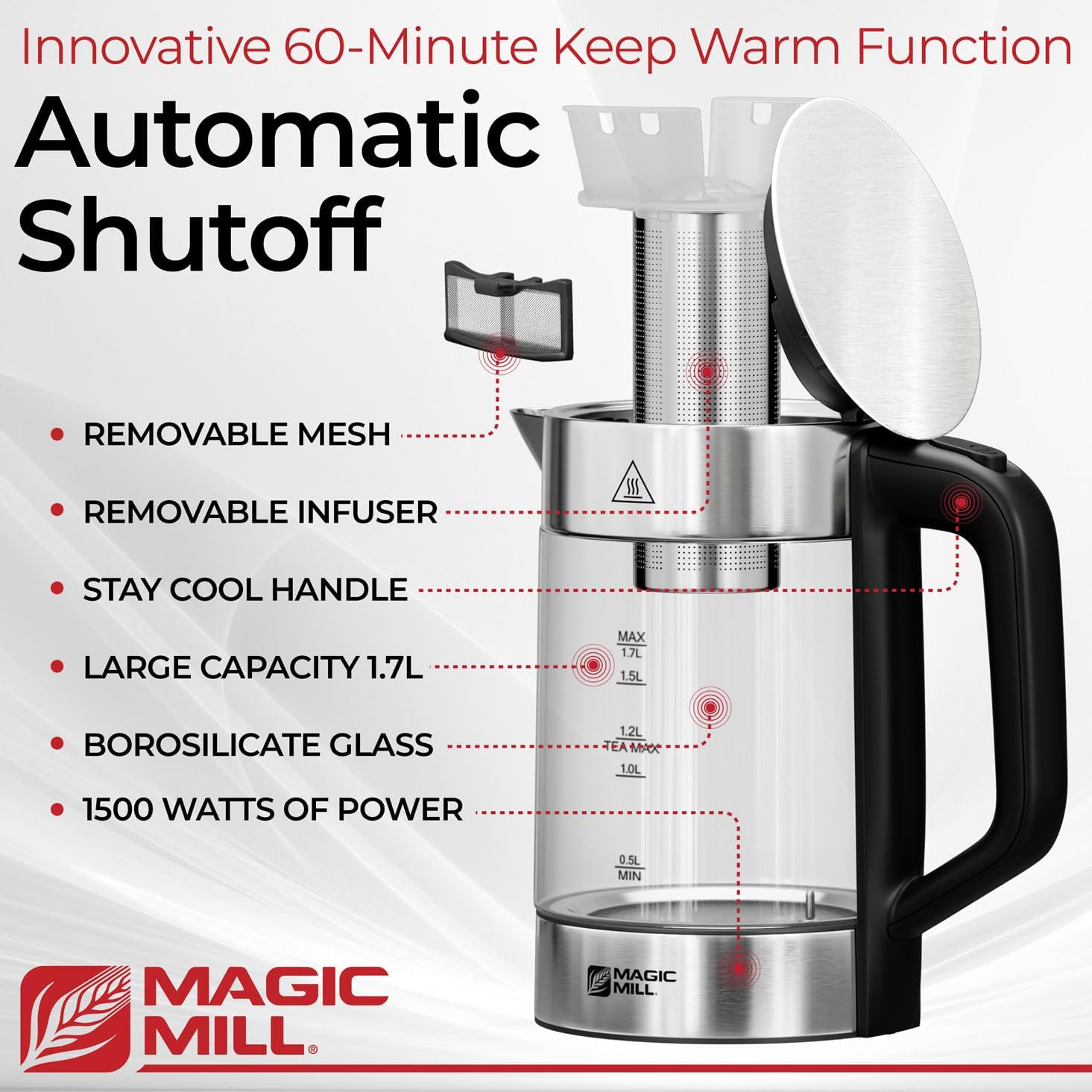 Magic Mill Pro Electric Kettle with Tea Infuser and Temperature Control - Keep Warm Function, Rapid Boil, Automatic Safety Shut Off, BPA Free, No Plastic on Water, British Patent Technology, 1.7L