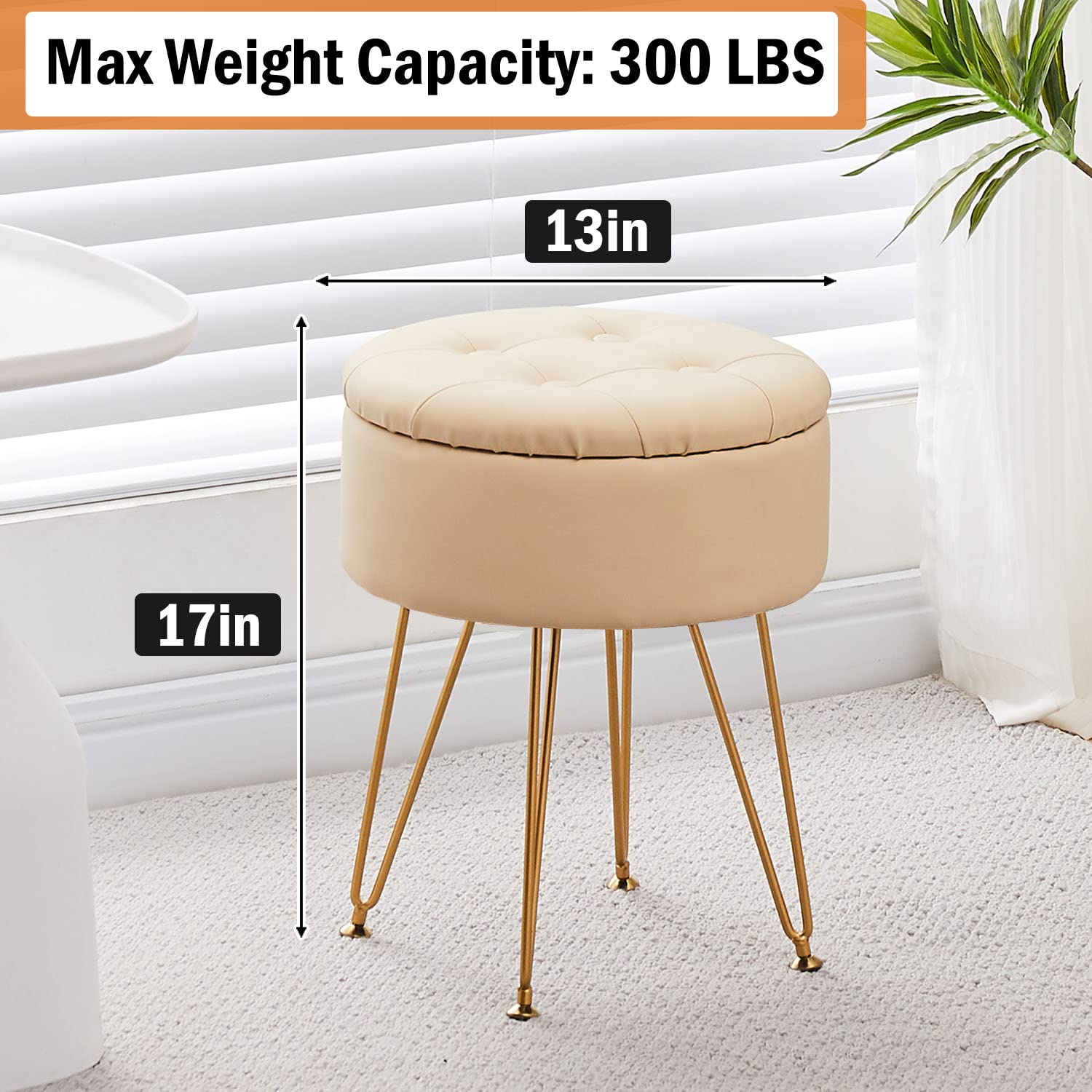 Cpintltr Storage Ottoman Oil Wax Faux Leather Round Footrest Stool Multifunctional Upholstered Ottoman with Metal Legs Modern Vanity Stools Tray Top Coffee Table for Living Room Bedroom White