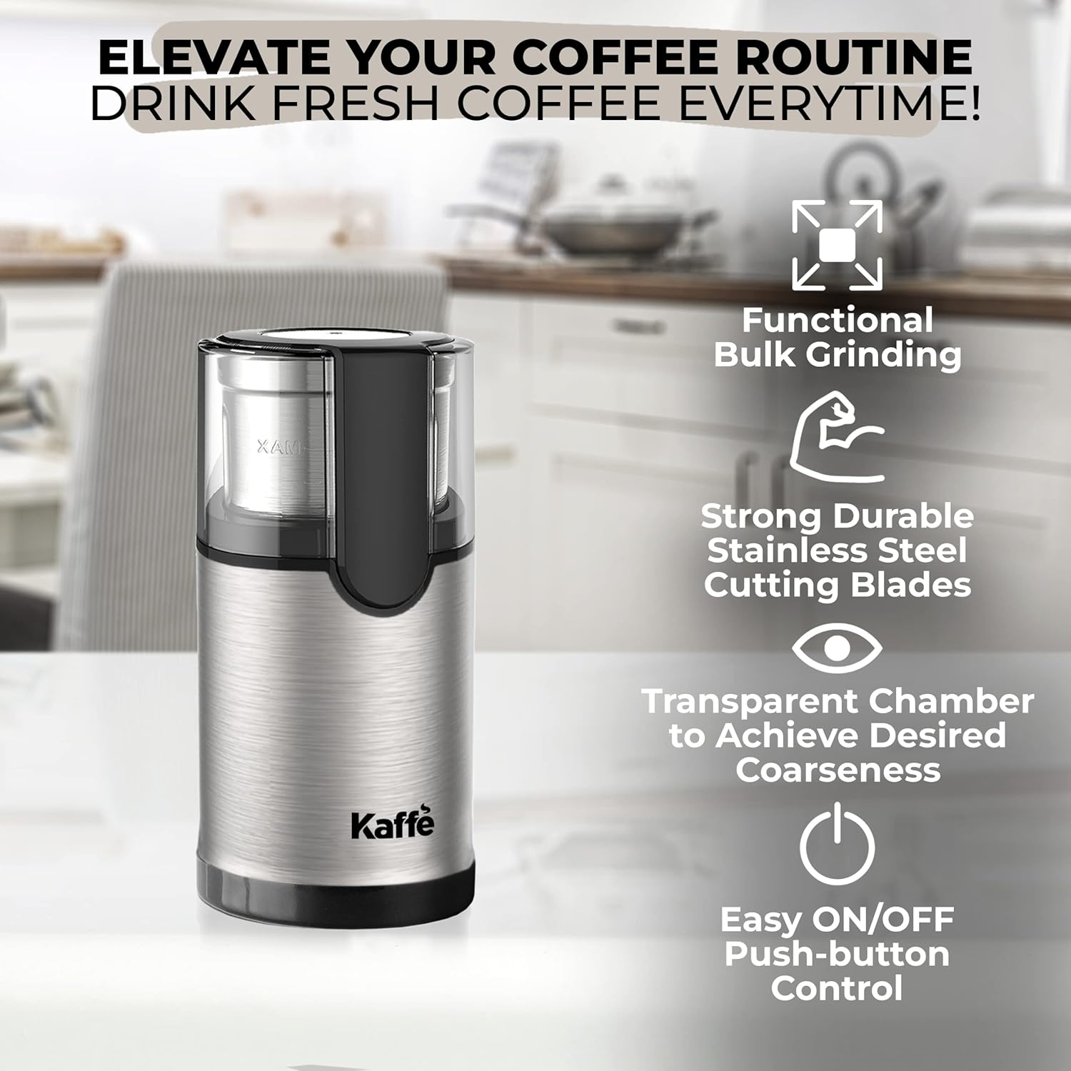 Kaffe Electric Blade Coffee Grinder w/Removable Cup. 4.5oz 14-Cup Capacity. Cleaning Brush Included. Perfect Grinder for Coffee, Tea, Spices, Corn, Herbs. (Stainless Steel)