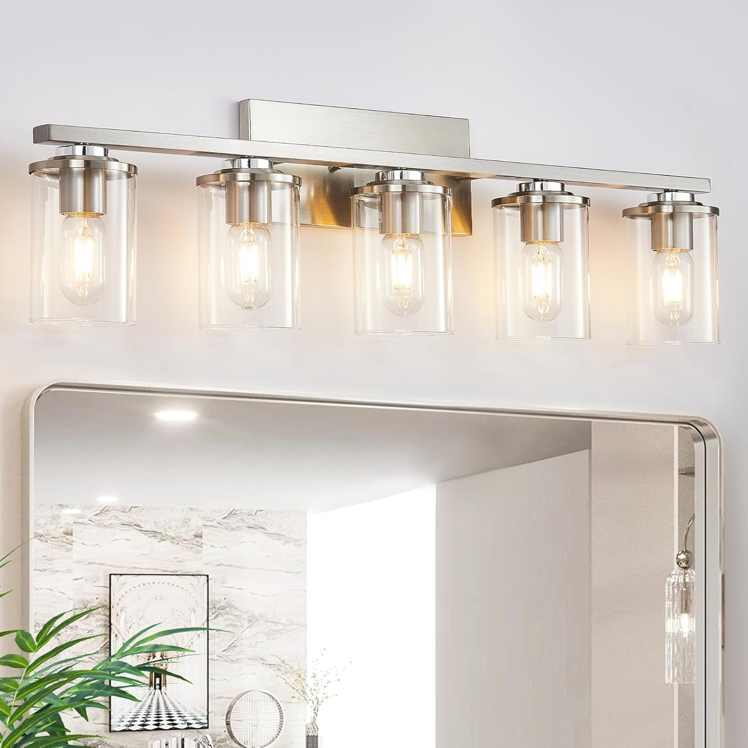 3-Light Brushed Nickel Wall Sconces for Bathroom, Modern Vanity Light Fixtures Over Mirror, Wall Lamp with Clear Glass Shade, E26 Wall Sconces Over Mirror for Bathroom, Living Room, Hallway