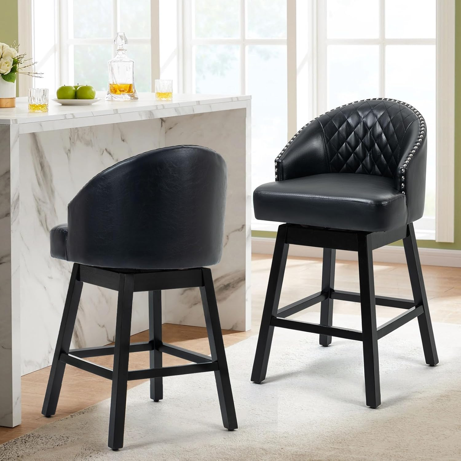 ECOTOUGE Swivel Barstools Set of 2, 29" Seat Height Bar Stools with Back & Rubber Wood Legs, PU Leather Counter Stools for Kitchen Island, Dining Room, Pub & Cafe (2PCS,Black)