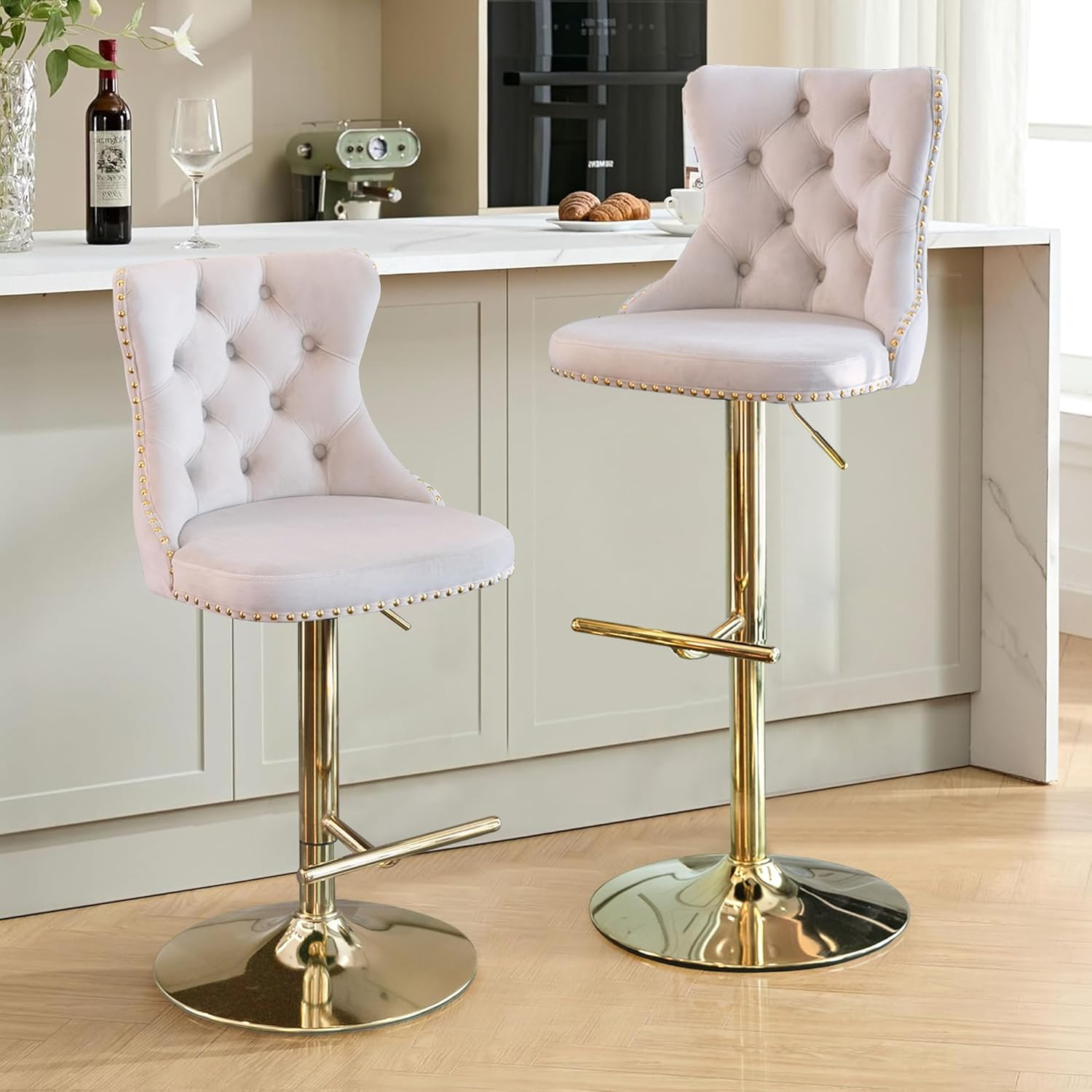 i-POOK Swivel Bar Stools Set of 2, Adjustable Counter Height Barstools with Thickened Cushion, Pull Ring and Nailheads Trim, Velvet Upholstered Bar Chairs for Home Pub Kitchen Island Cafe, Black