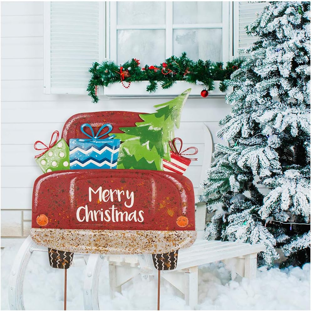 Glitzhome Rustic Metal Christmas Truck Yard Stake Lawn Garden Standing Sign Lawn Patio Wall Decor, Wood Truck