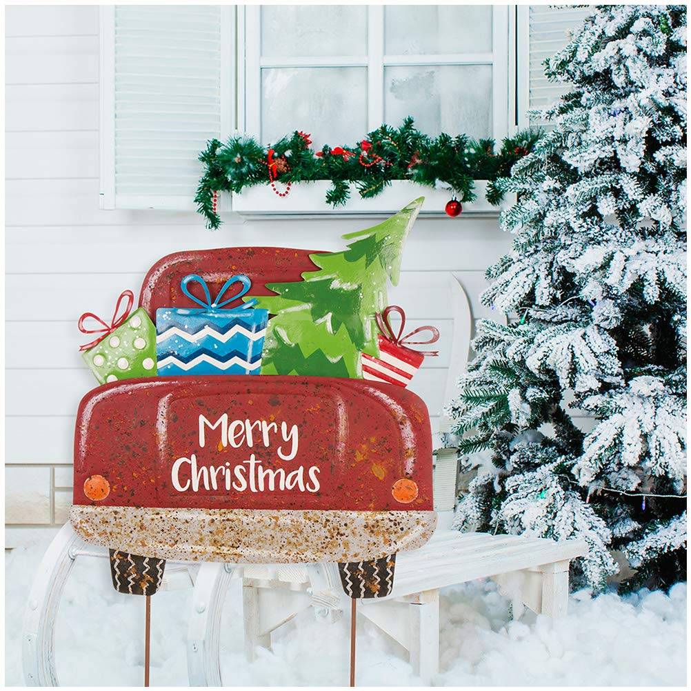 Glitzhome Rustic Metal Christmas Truck Yard Stake Lawn Garden Standing Sign Lawn Patio Wall Decor, Wood Truck