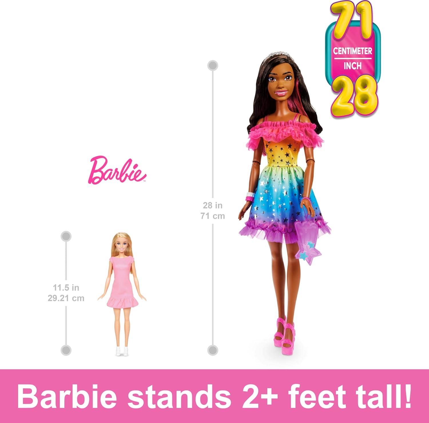 Barbie Large Doll, Dark Brown Hair, 28 Inches Tall with Rainbow Dress & Styling Accessories Like Shooting Star Handbag