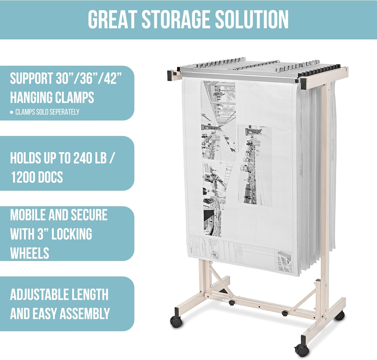 Adjustable Black Steel Mobile Blueprint Storage Rack with Wheels