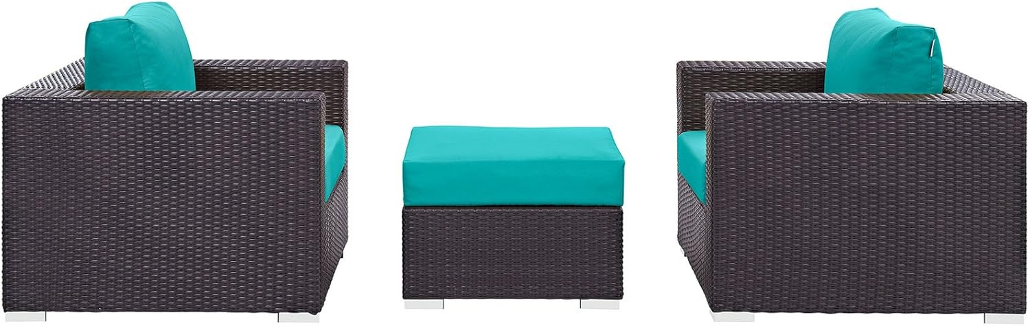 Modway Convene Wicker Rattan 3-Piece Outdoor Patio Furniture Set in Espresso Turquoise