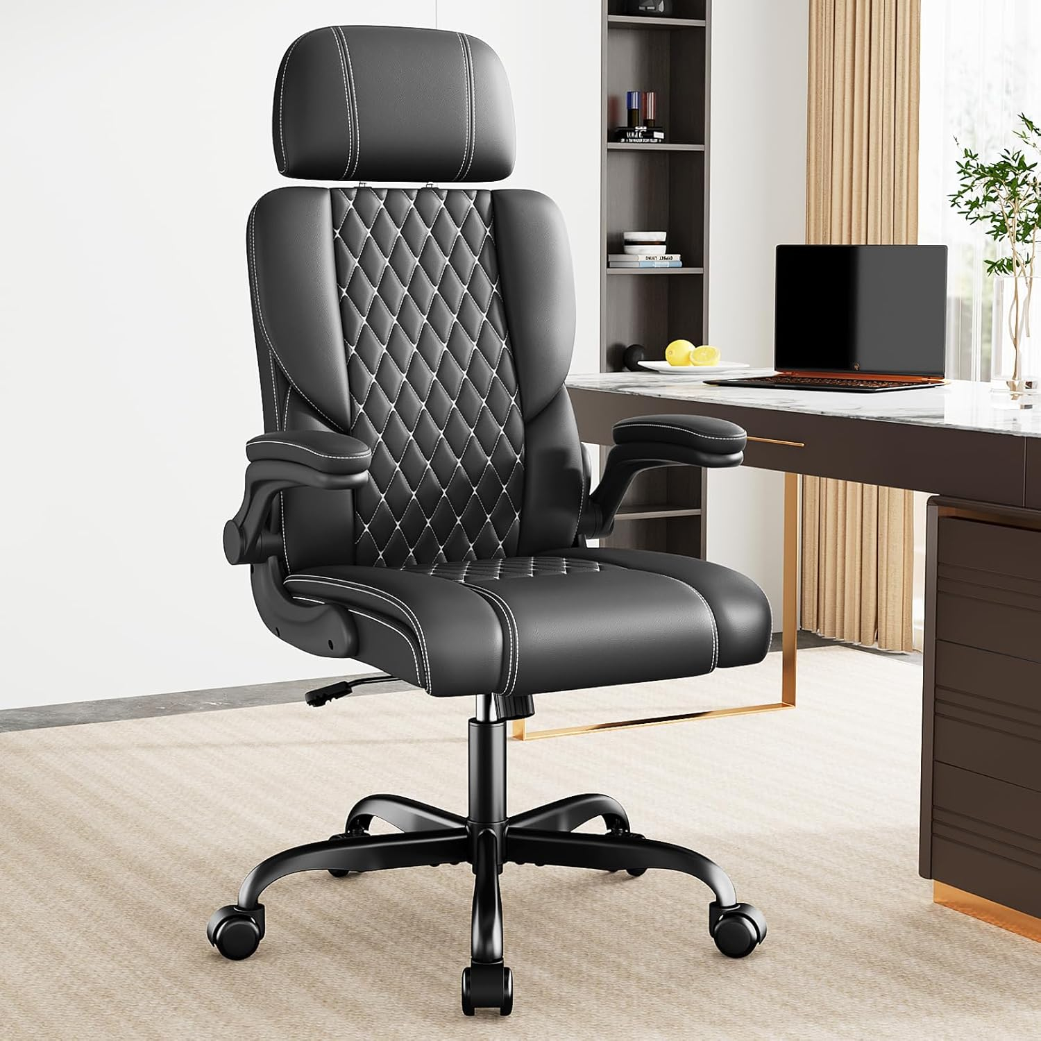 Sytas Executive Leather Office Chair, Comfy Desk Chair with Adjustable Headrest & Flip-up Padded Arms & Lumbar Support, Adjustable Hight and Tilt, Rolling Swivel Chair, Black