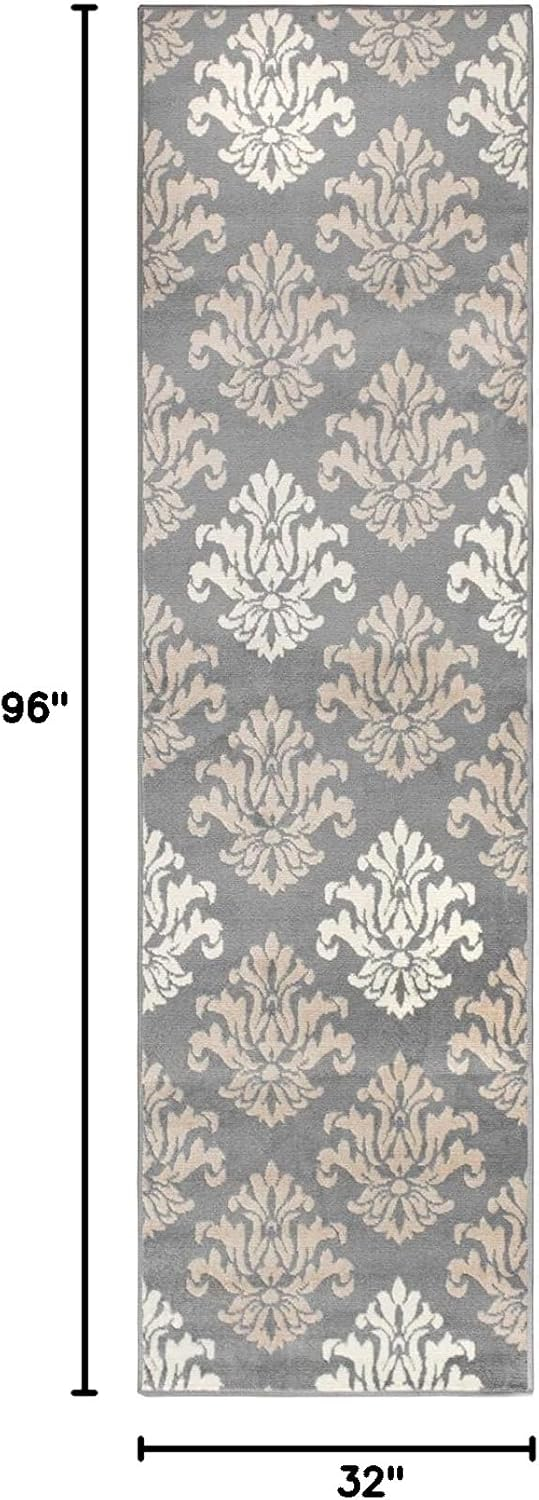 Superior Designer Casper Collection Area Rug, 8mm Pile Height with Jute Backing, Chic Tonal Damask Pattern, Anti-Static, Water-Repellent Rugs - Blue, 2'7" x 8' Runner Rug