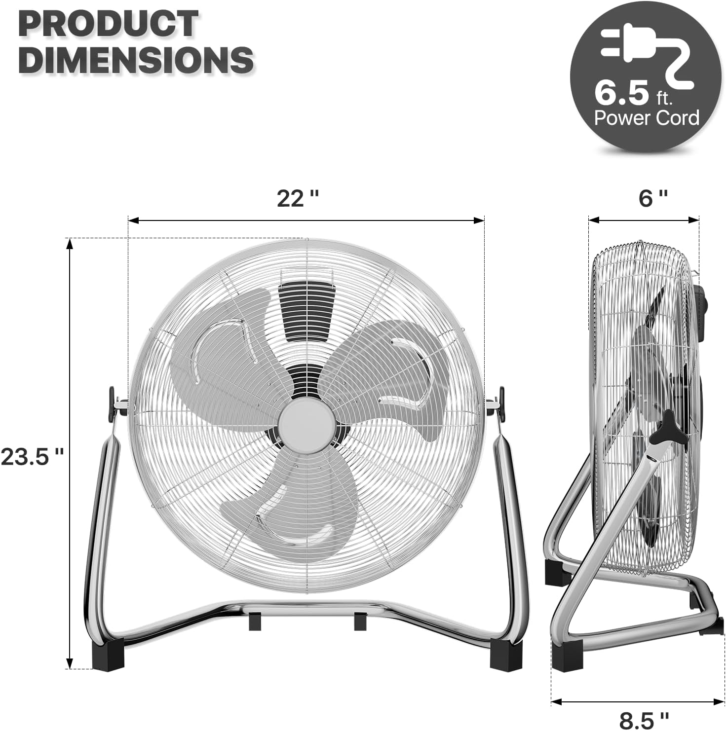 mollie 22 Inch High Velocity Floor Fan with 3 Speed Heavy Duty Metal Adjustable Tilt Portable Quiet Air Circulator for Home Garage, Workshop, Factory and Basement, 3522 CFM, Silver