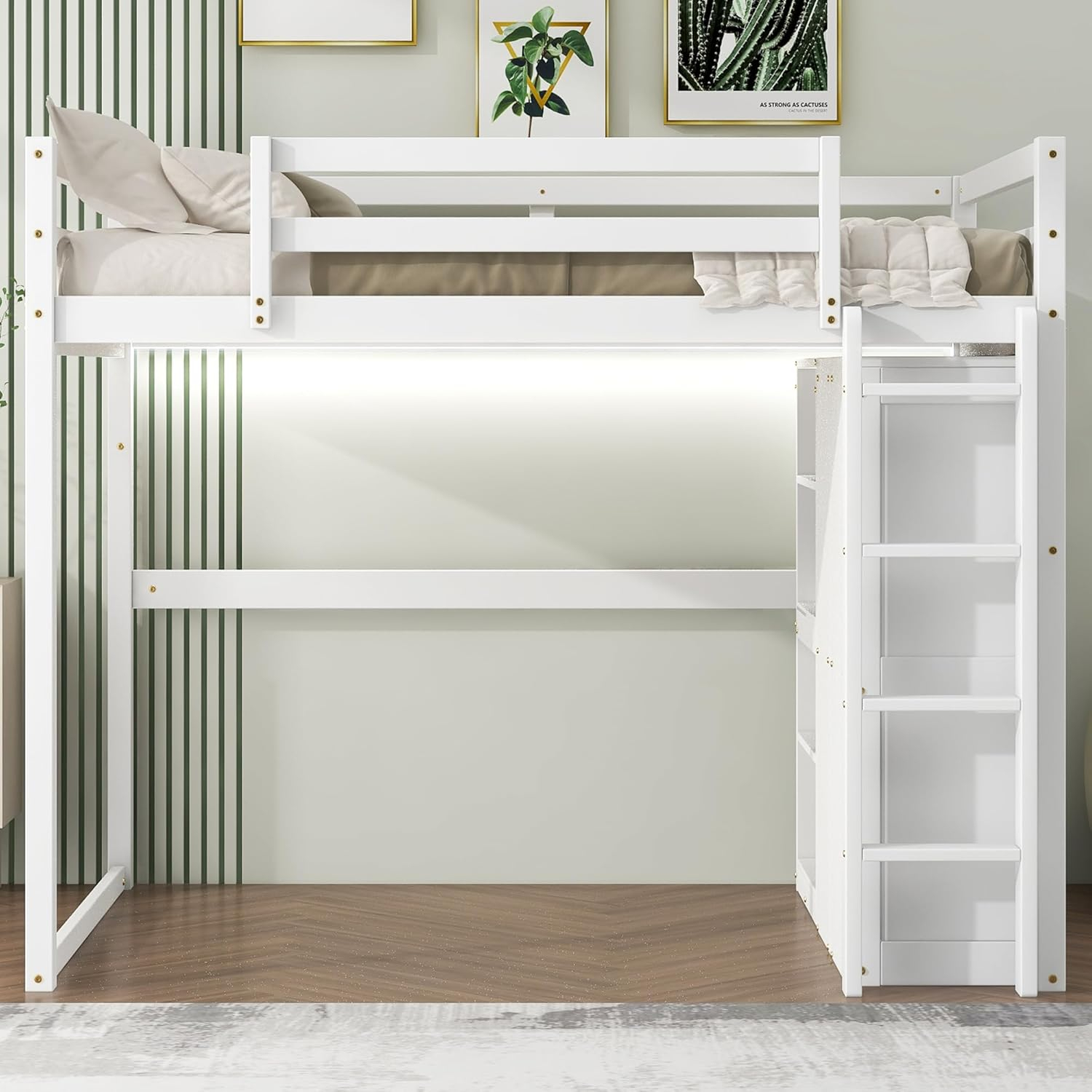 Harper & Bright Designs Full Size Loft Bed with Storage Shelves & Wardrobe, Wood Full Loft Bed Frame with LED Light for Kids Teens,Adults,Space Saving High Loft Bed,White
