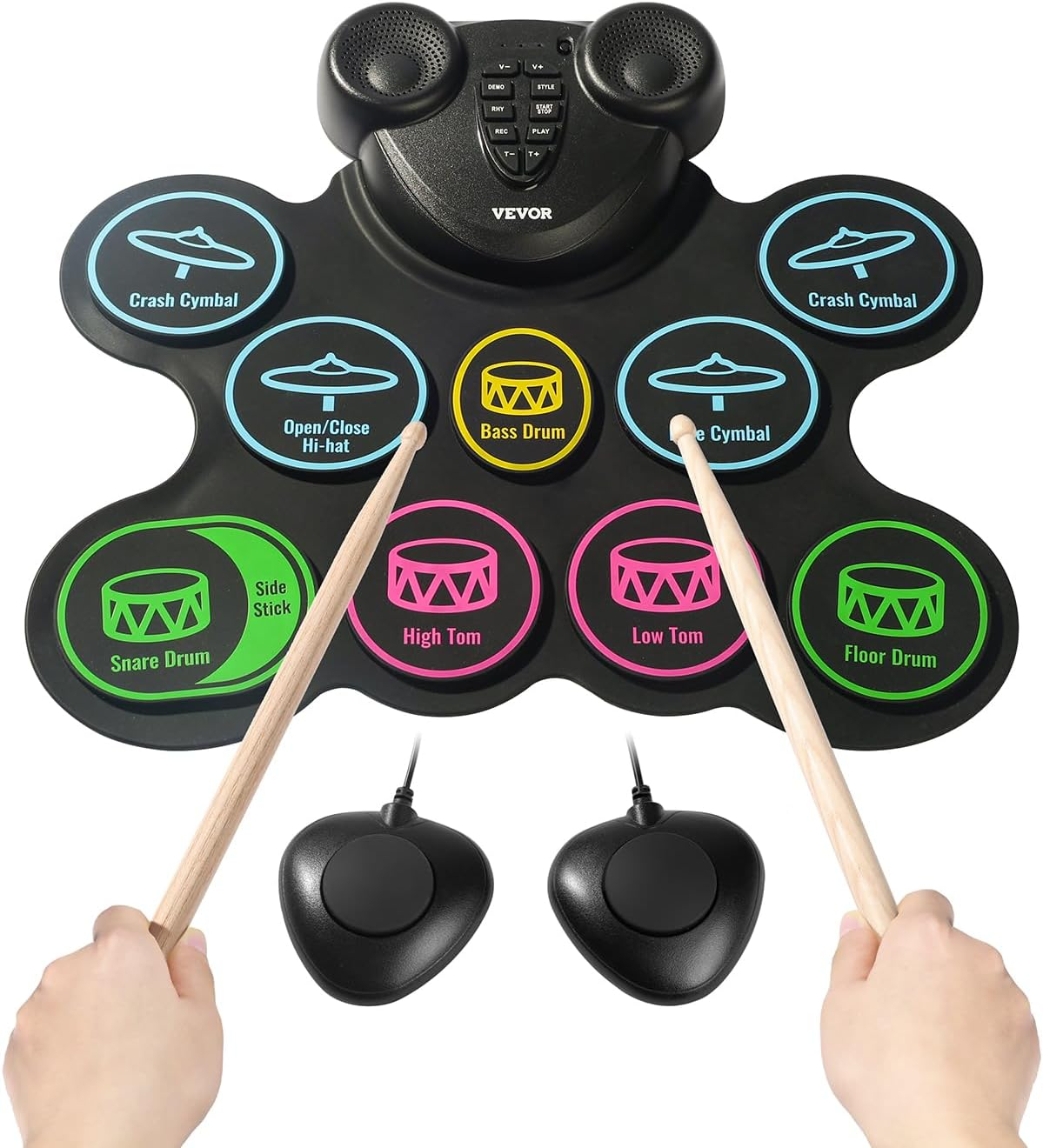 KFFKFF Electronic Drum Kit, Comprising 9 Pads, Compact Roll-up Practice Pad, Digital Drum Set with Headphone Outlet, Twin Pedals, Drum Rods, Integrated Dual Sound Systems, MIDI