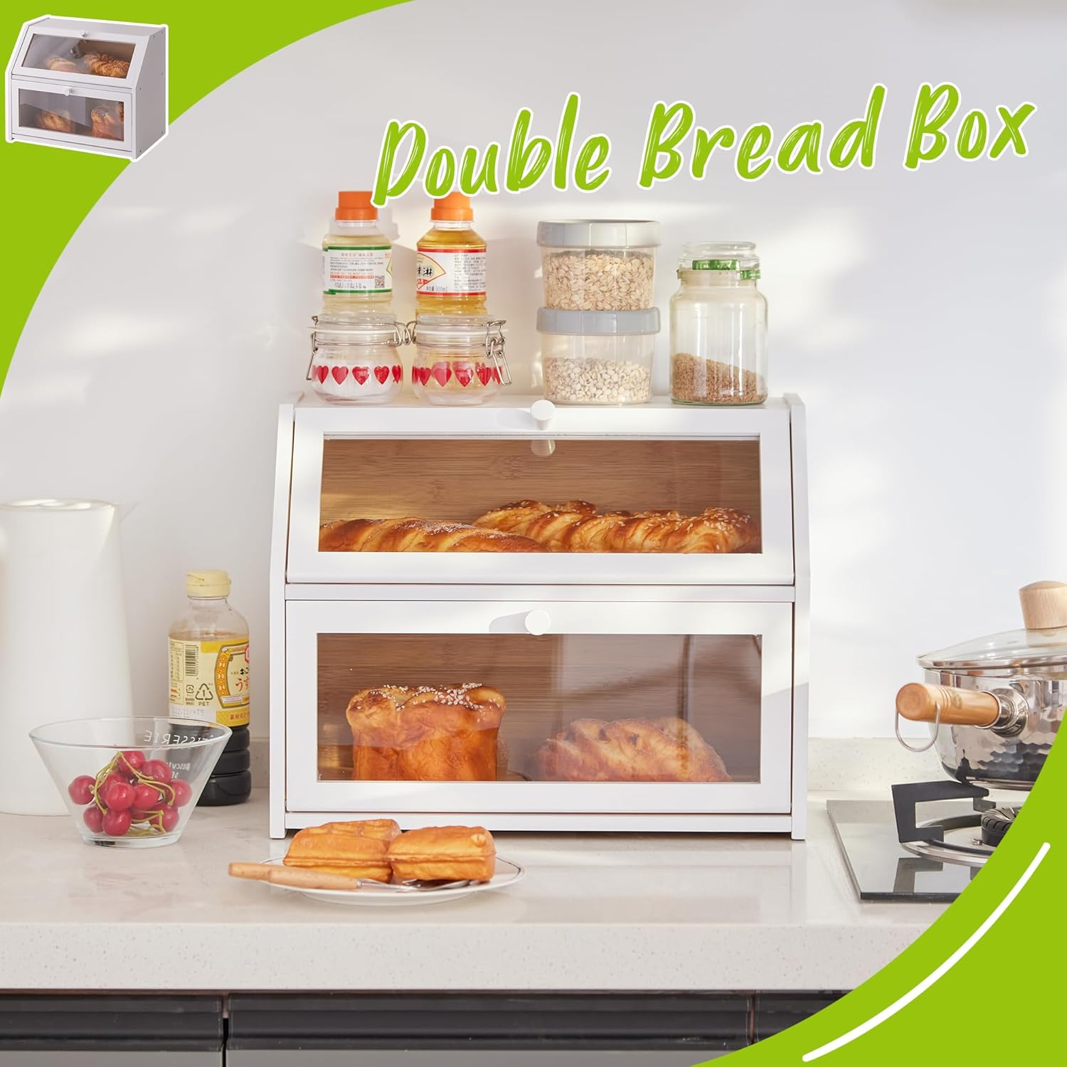 Farmhouse Bread Box for Kitchen Countertop Bread box Double Layer Bamboo Wooden Extra Large Capacity Bin Kitchen Food Storage Container(White)