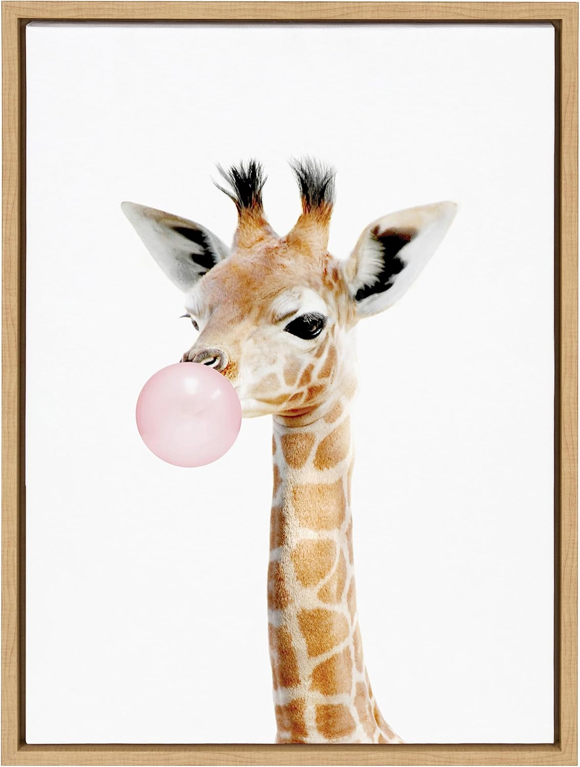 Kate and Laurel Sylvie Bubble Gum Giraffe Framed Canvas Wall Art by Amy Peterson Art Studio, 18x24 Natural, Cute Whimsical Animal Art for Wall