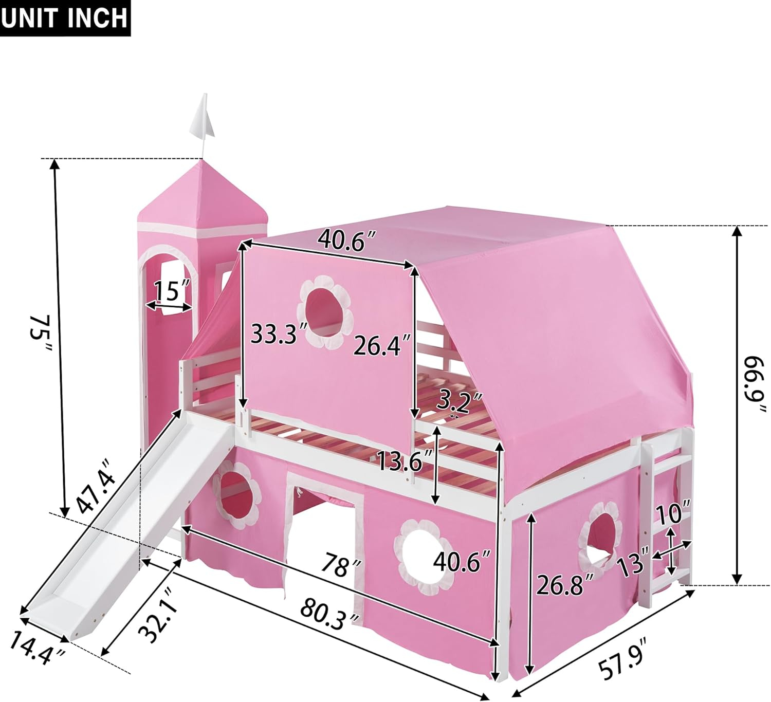 Polibi Full Size Castle Loft Bed with Slide & Pink Tent and Tower, Playhouse Design Spacious Under Bed Space with Curtains, Wood Tent Bed Frame for Kids Boys Girls