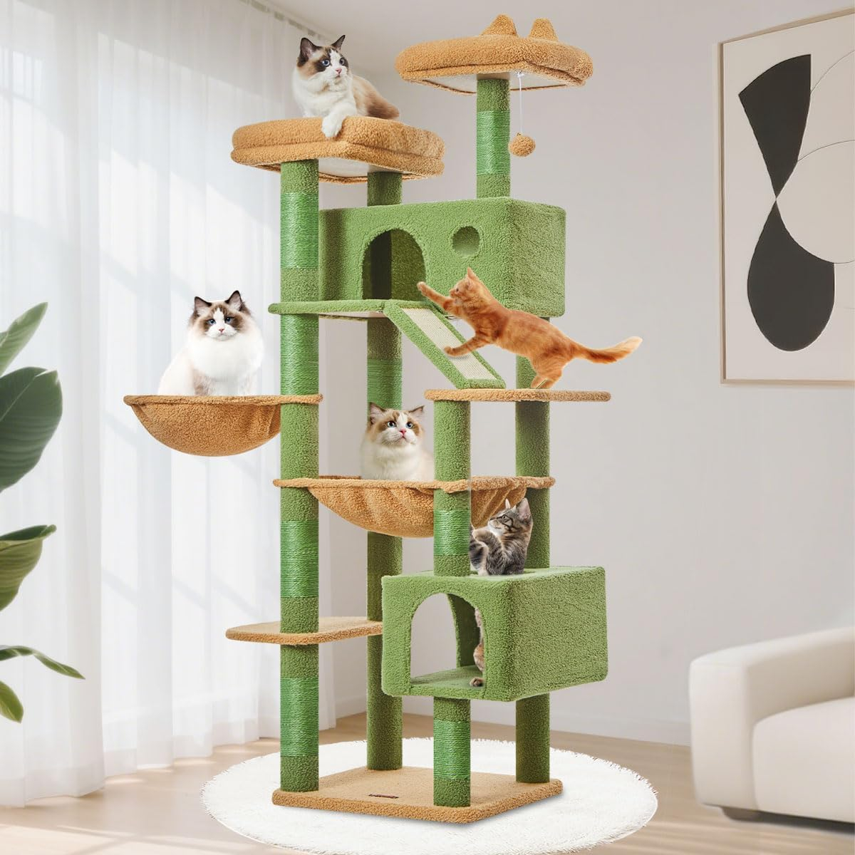 71-Inch Large Cat Tree For Large Cats Plush Multi-Level Cat Condo With 8 Scratching Posts 2 Perches Cave Hammock 2 Pompoms Scratch Board