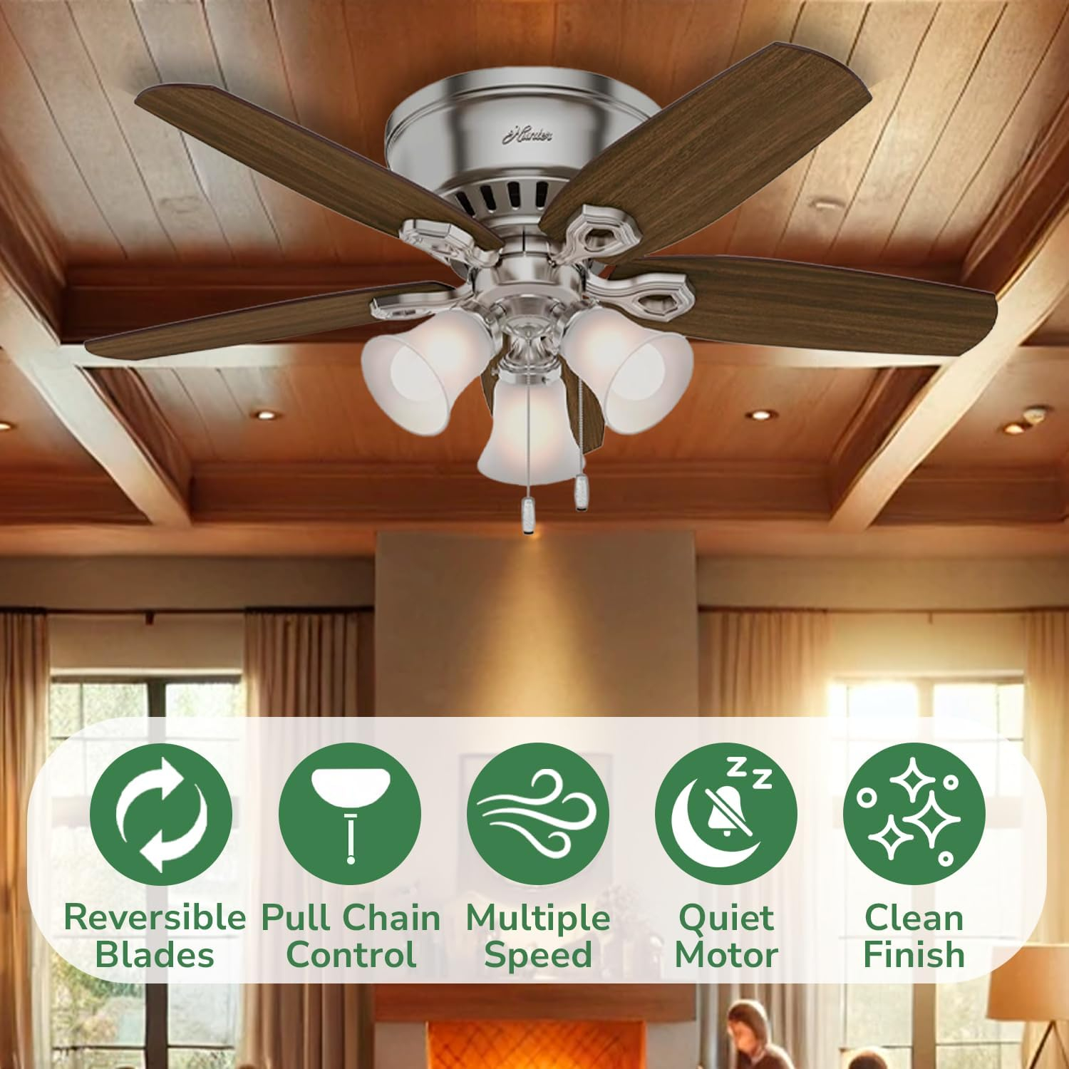 Hunter - Builder Indoor Low Profile Ceiling Fan With Light, 42-inch, Brushed Nickel, Traditional-style, 3-speed WhisperWind Motor, 51092, for living rooms, bedrooms, home offices, kitchens