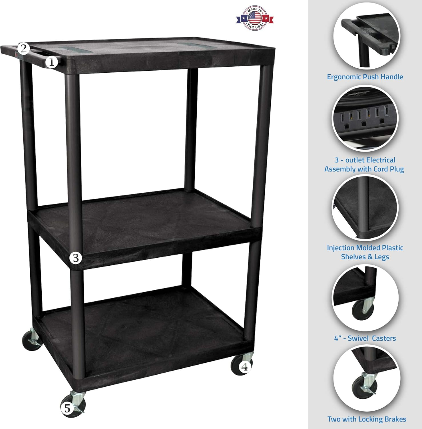Black 3-Shelf Plastic AV Cart with Wheels