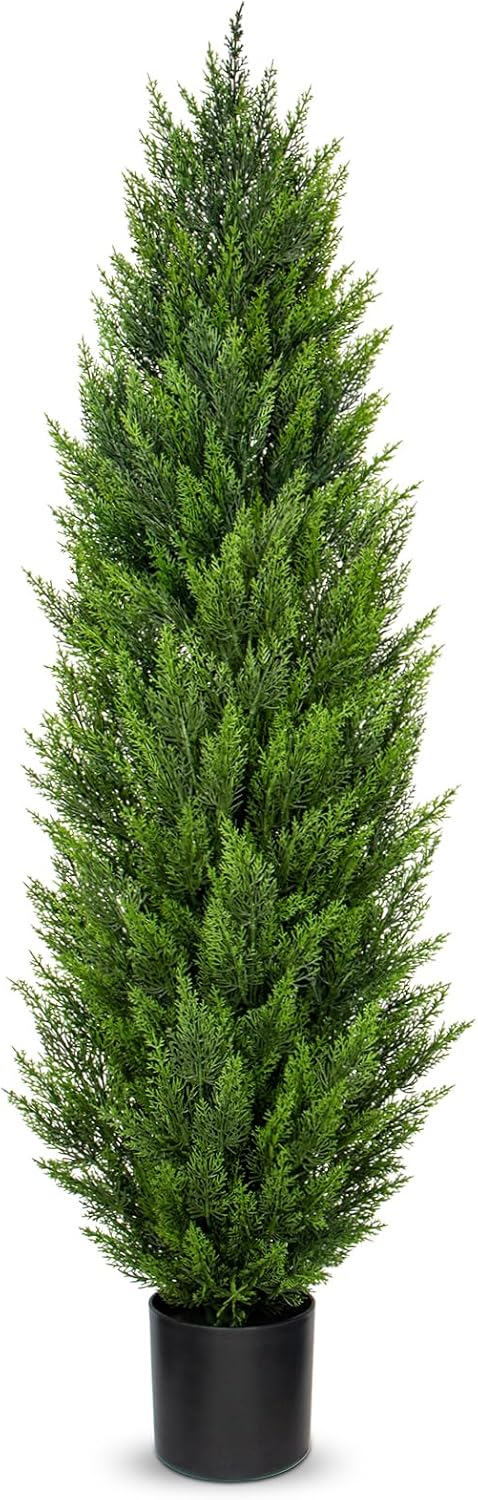 5ft Artificial Cedar Topiary Trees for Outdoors, Fake Cypress Plants with Solar Light String, Faux uv resistant Plants for Home Front Porch Decor, Housewarming Gift