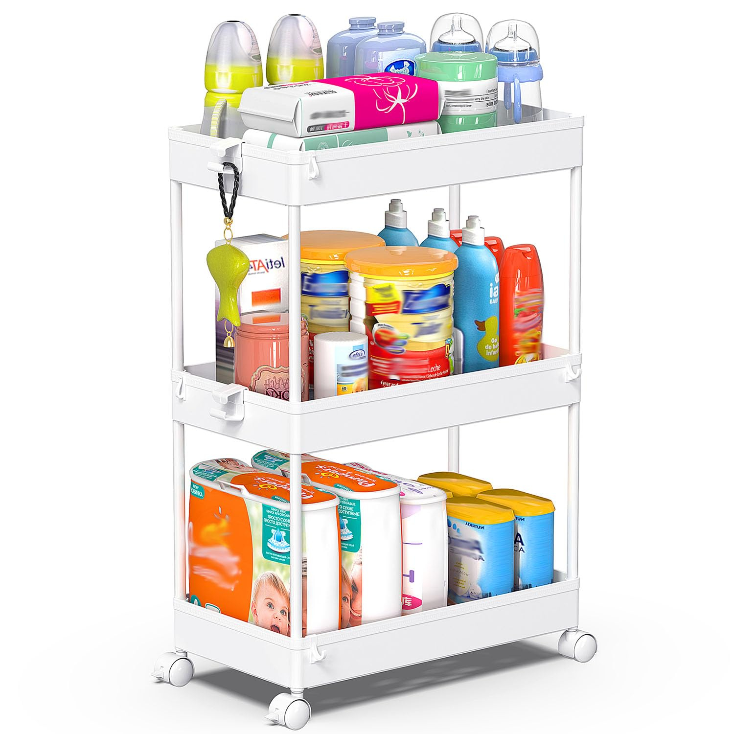 SPACEKEEPER Storage Rolling Cart, 3 Tier Laundry Room Organization Utility Cart Bathroom Organizer Mobile Shelving Unit Shelves Multi-Functional Trolley, White