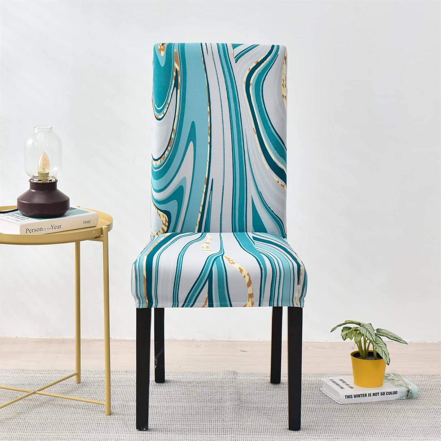 Set of 6 Blue and White Stretch Spandex Dining Chair Covers