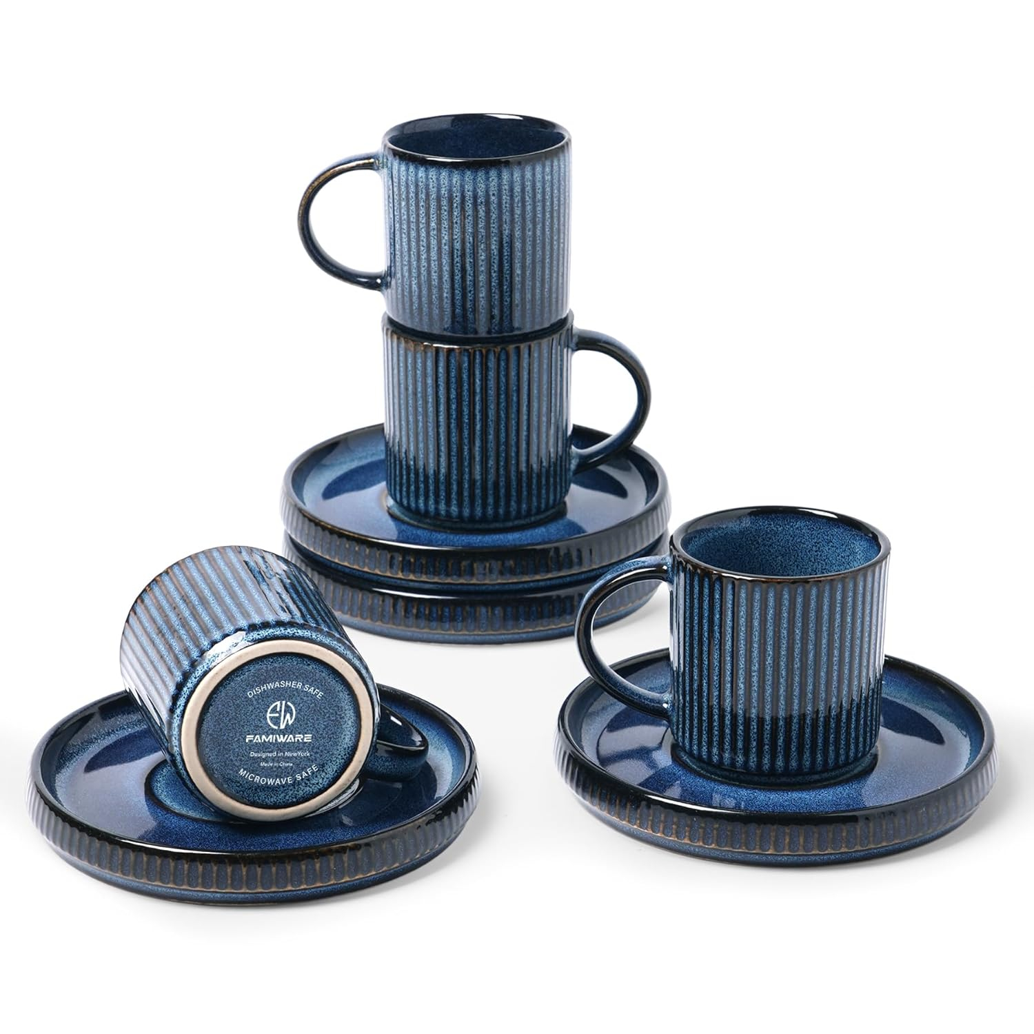 Espresso Cups and Saucers Set of 4, [ Mini ] 3 oz Ceramic Small Coffee Mug with Handle, Ribbed Stoneware Demitasse Cup for Tea, Latte - Microwave & Dishwasher Safe - Nebulas Blue