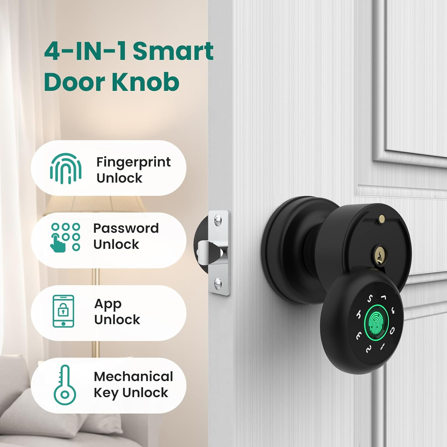 GHome 4 in 1 Smart Fingerprint Door Knob with Keypad Door Lock, Biometric Smart Door Knobs & App Control, Keyless Entry Door Lock Great for Home, Bedroom, Apartment Offices, Garages