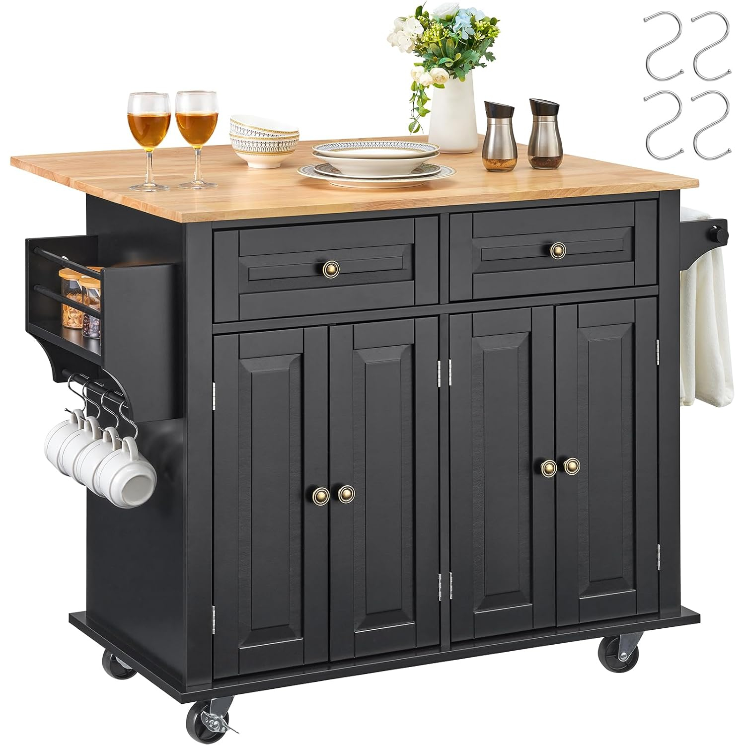 VEVOR Kitchen Island Cart, Rolling Storage Cabinet with Drawer and Shelves