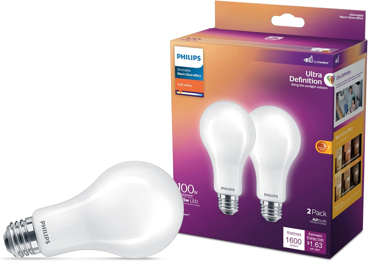 Philips Ultra Definition LED 100-Watt A21 Light Bulb, Frosted Soft White, Dimmable, E26 Medium Base (2-Pack)