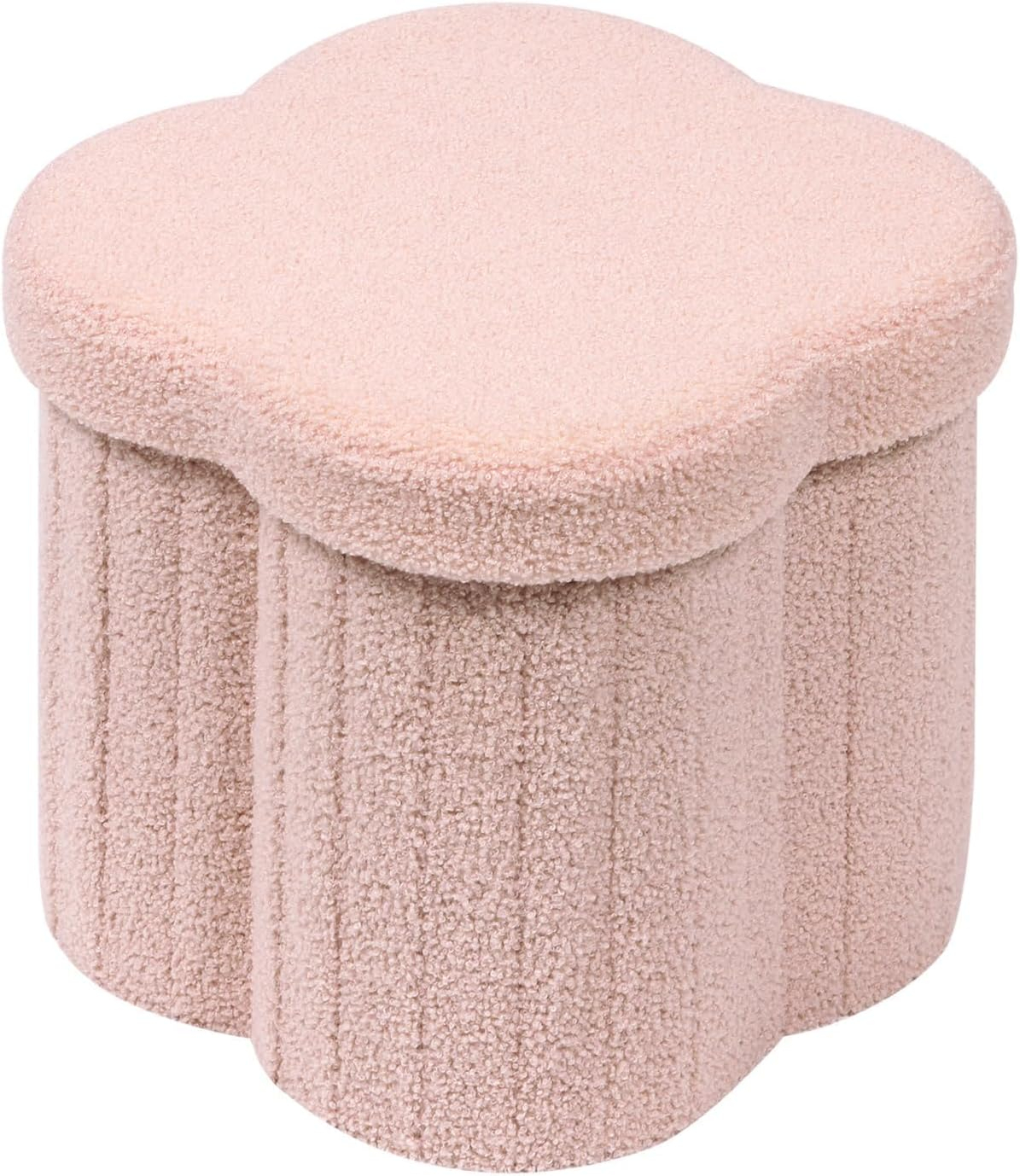 PINPLUS 12.6" Storage Ottoman,Toy Chest Box，Folding Footrest Stool Seat,Flower Shape,Sherpa Fabric,Pink