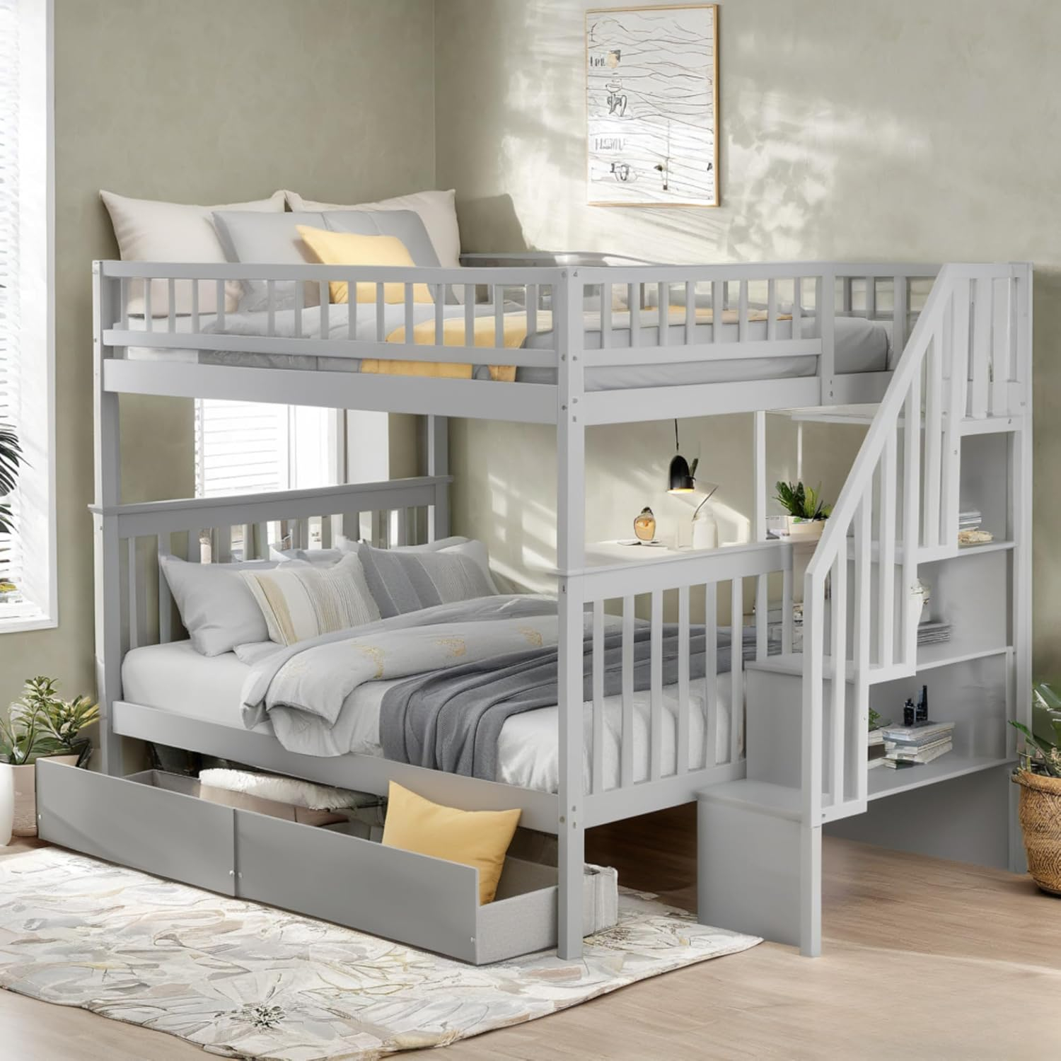 Full Over Full Bunk Beds with Drawers and Stairs Stairway Bunk Bed Frame with Storage Shelves for Kids Teens Adult, Wood Full Bunk Bed for Boys Girls Adults, Gray