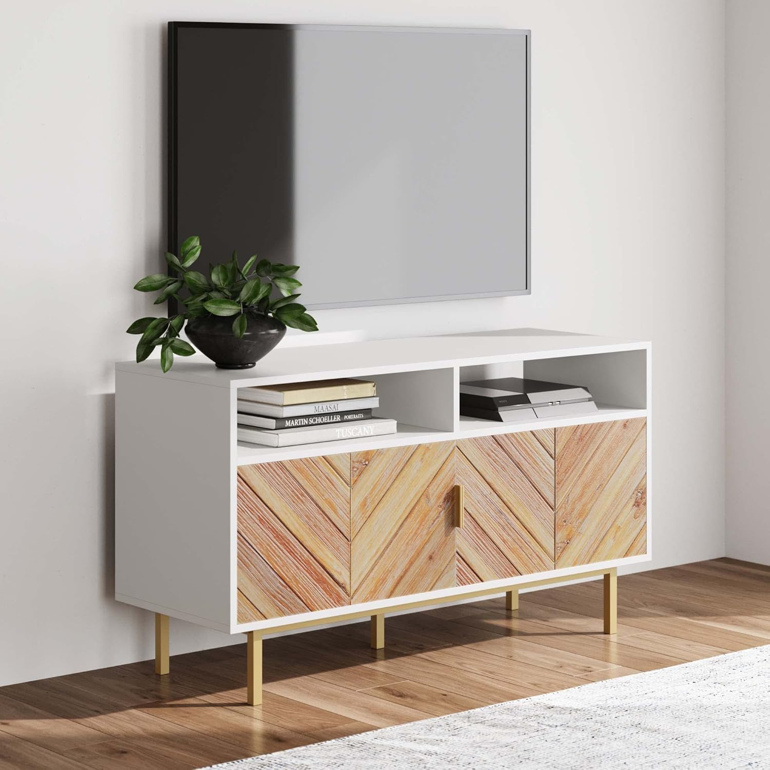 Nathan James Liam Modern Mid-Century TV Stand, Media Console or Entertainment Cabinet with Sliding Doors, Oak