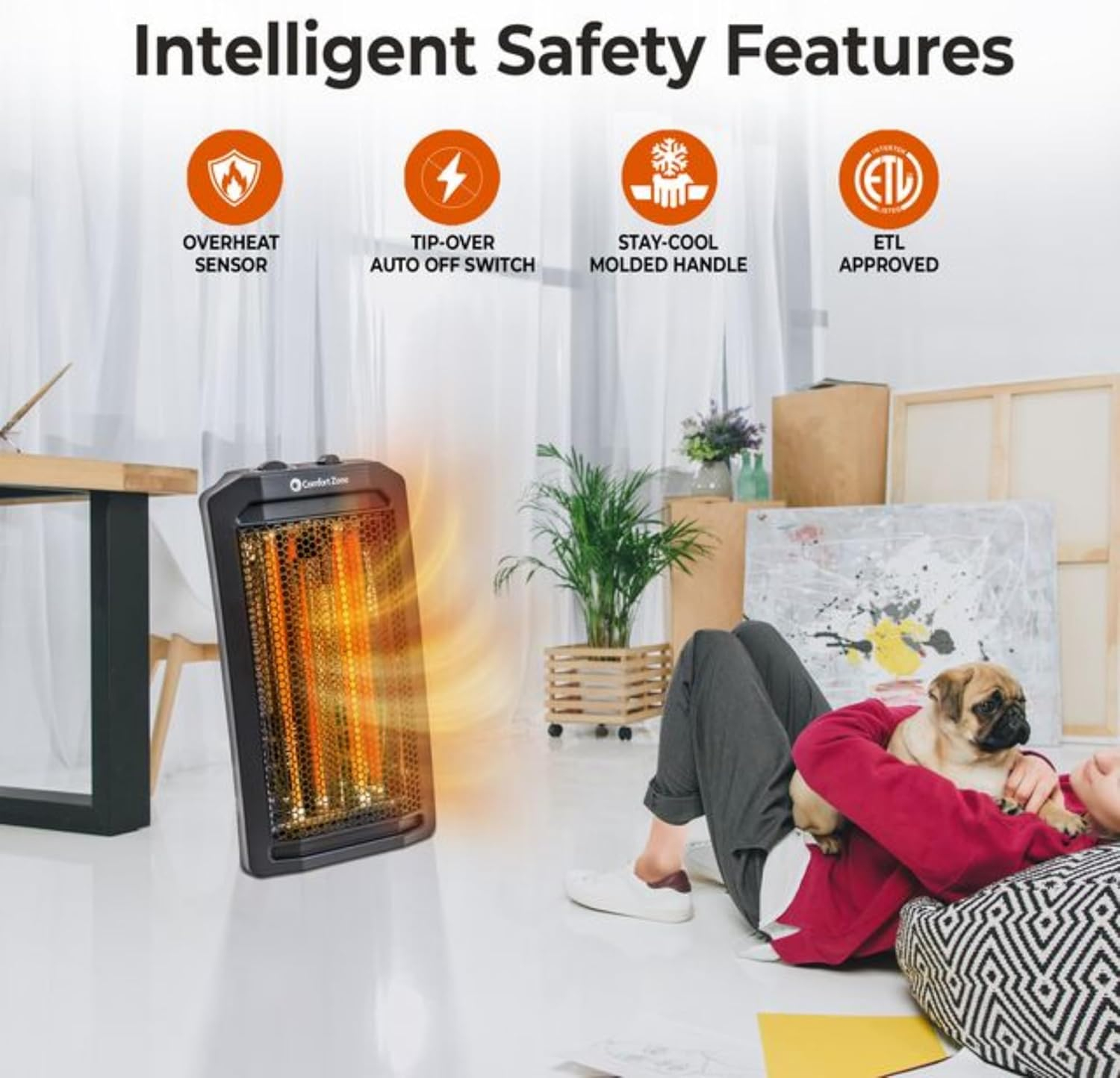 Comfort Zone 1500W Corded Electric Space Heater, 2 Heat Settings, Automatic Shutoff, for 350 sq ft