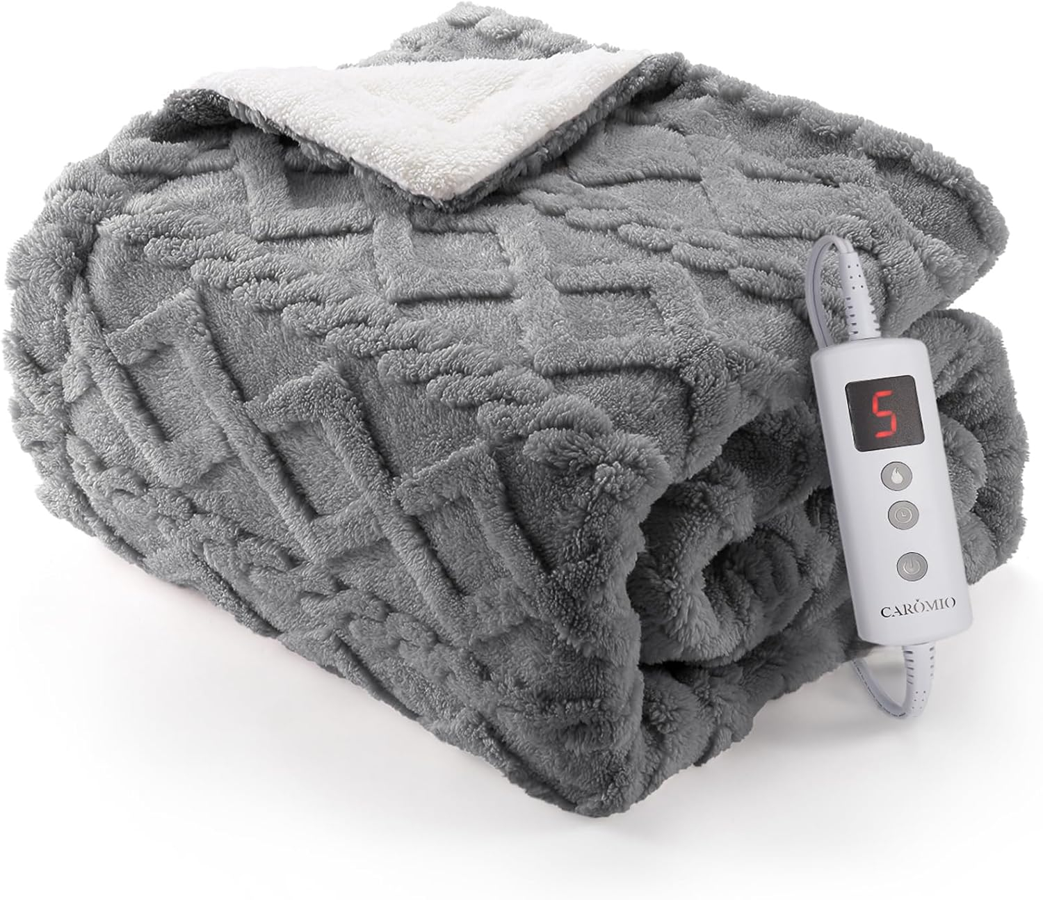 CAROMIO Heated Throw Blanket - Thick Tufted Sherpa Electric Blanket Throw with 10 Heating Levels and 10 Time Settings, ETL Certified Machine Washable Fast Heating Blanket Throw 50"×60", Grey