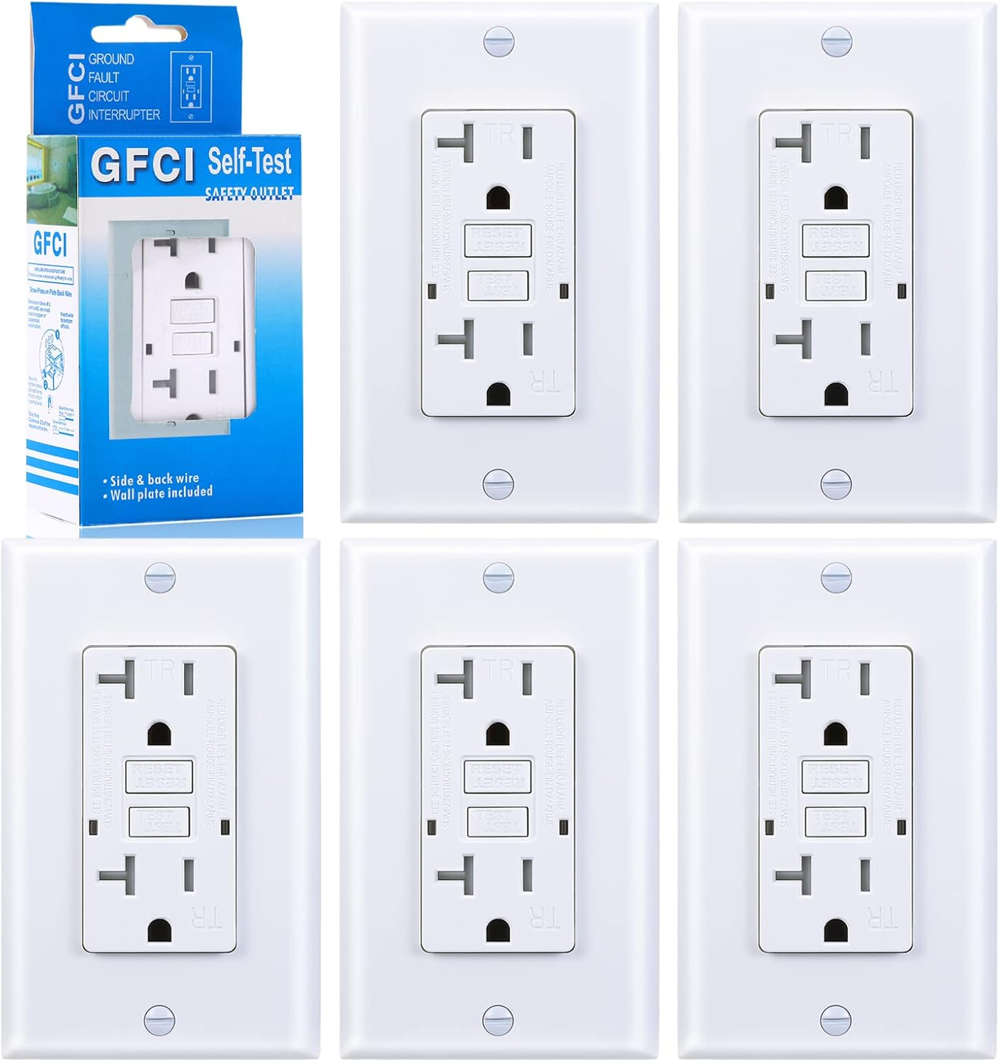 20 Amp GFCI Outlet, Tamper-Resistant GFI Receptacle with LED Indicator, Self-Test Ground Fault Circuit Interrupter, Decorator Wall Plates and Screws Included, UL Listed, White（1 Pack）