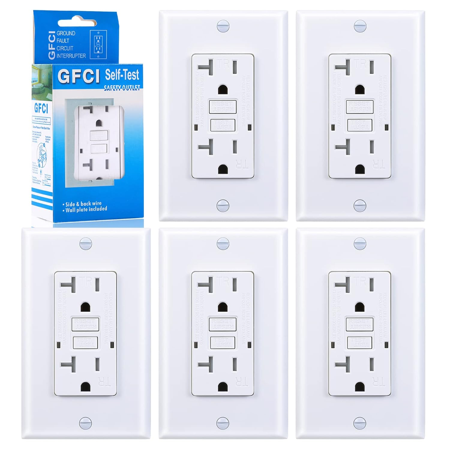 20 Amp GFCI Outlet, Tamper-Resistant GFI Receptacle with LED Indicator, Self-Test Ground Fault Circuit Interrupter, Decorator Wall Plates and Screws Included, UL Listed, White（1 Pack）