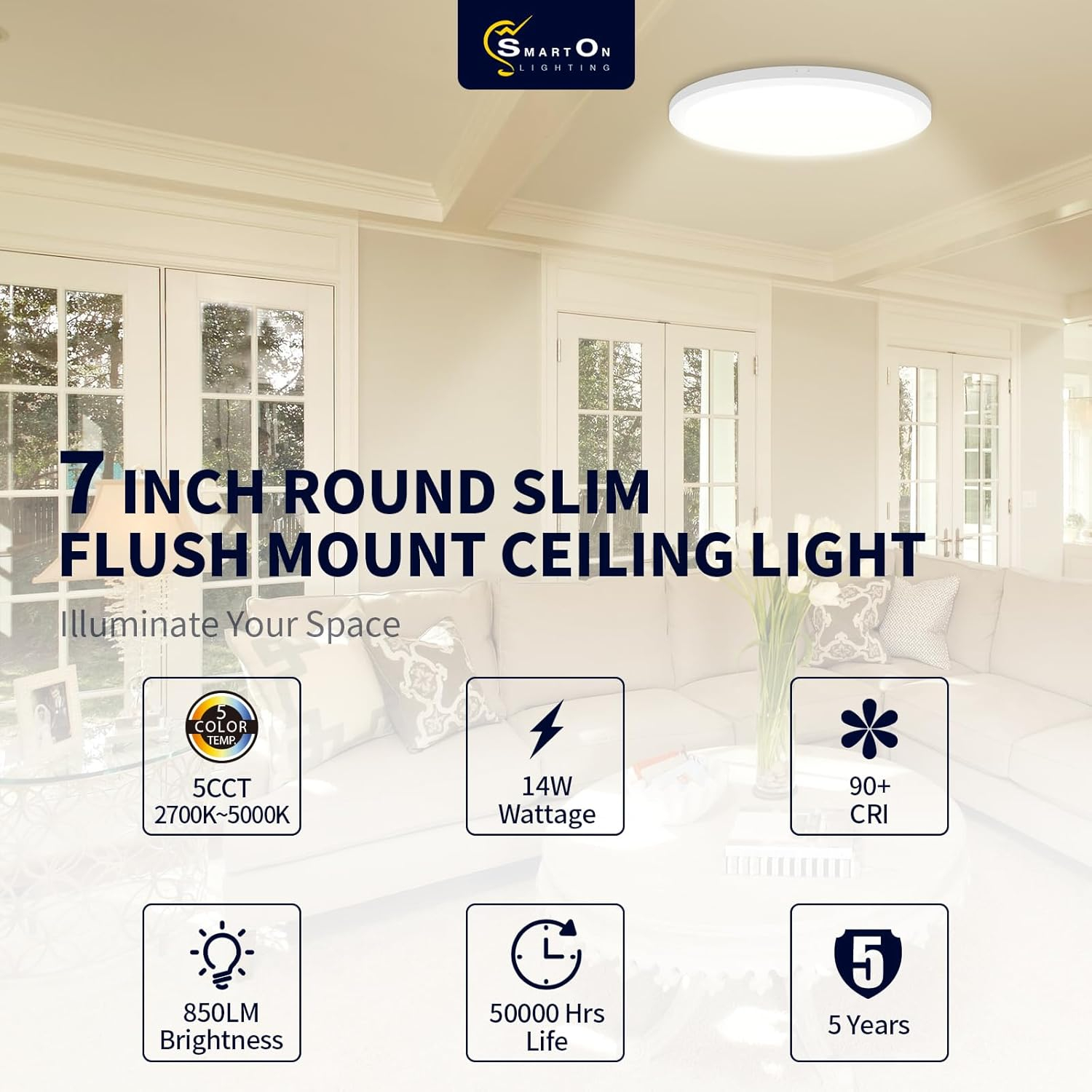 7 Inch Flush Mount LED Ceiling Light Fixture White, 14Watt, Dimmable & 2700K-5000K 5 Color Selectable Ceiling Light Fixtures Flush Mount 90+ CRI Low Profile Ceiling Light for Kitchen