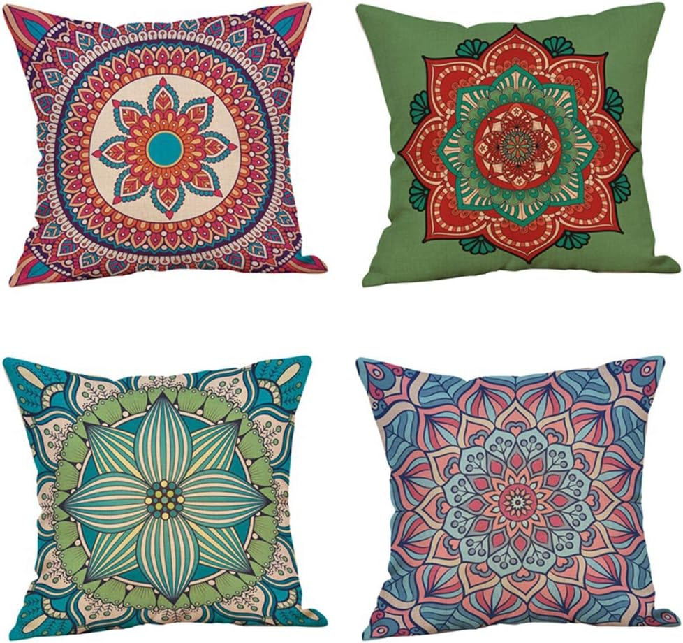Jartinle Set of 4 Retro Floral Mandala Compass Medallion Bohemian Pillow Covers Boho Decor Hippie Throw Pillows Decorative for Sofa Couch 18 x 18