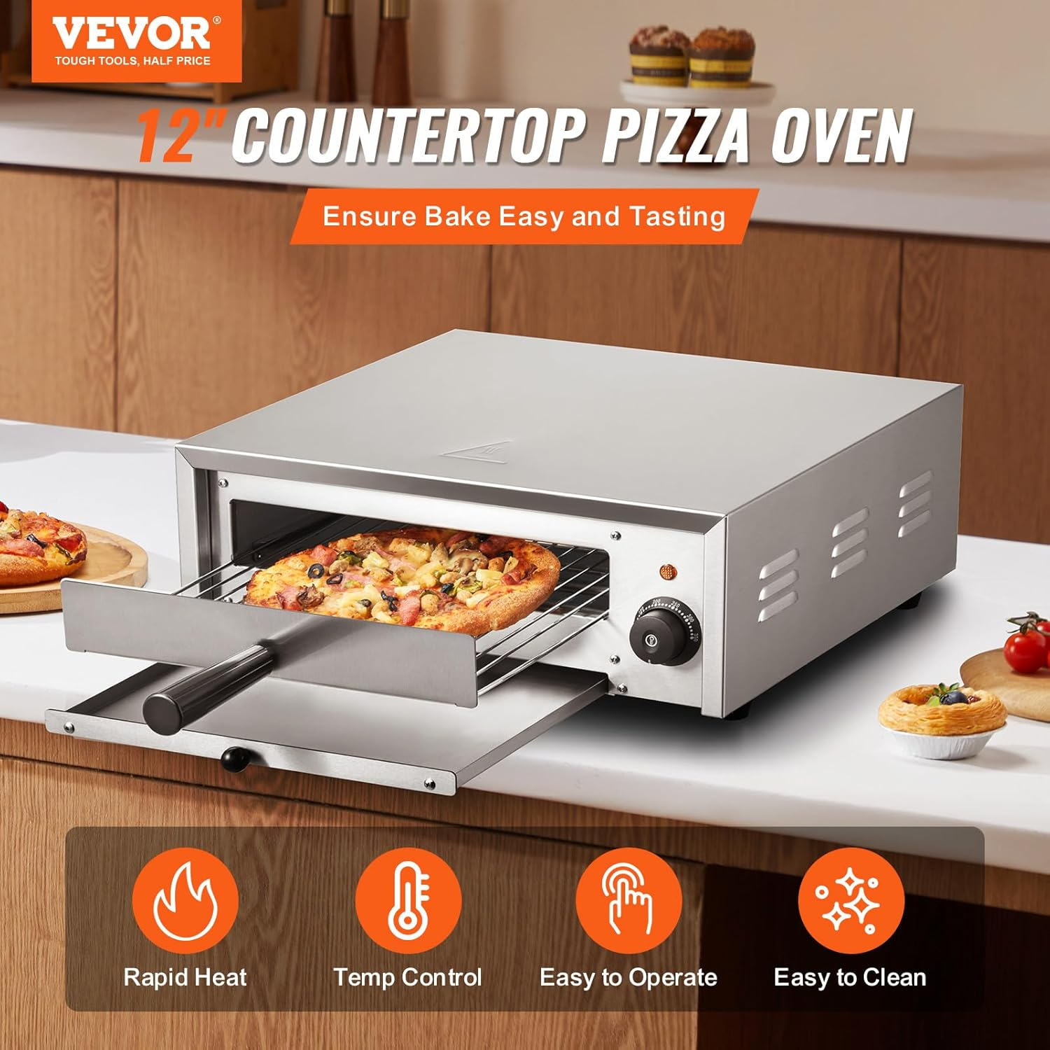 VEVOR 12-Inch Stainless Steel Electric Pizza Oven with Adjustable Temperature