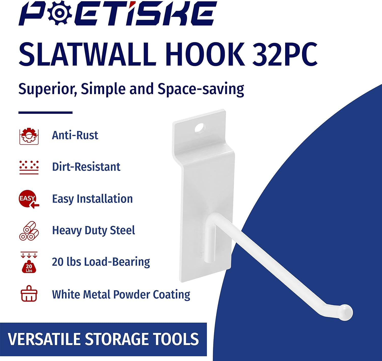 POETISKE Slatwall Hooks 32PC 8inch Slatwall Accessories Garage Organization Heavy Duty Pegboard Gridwall Display Hooks for Retail White