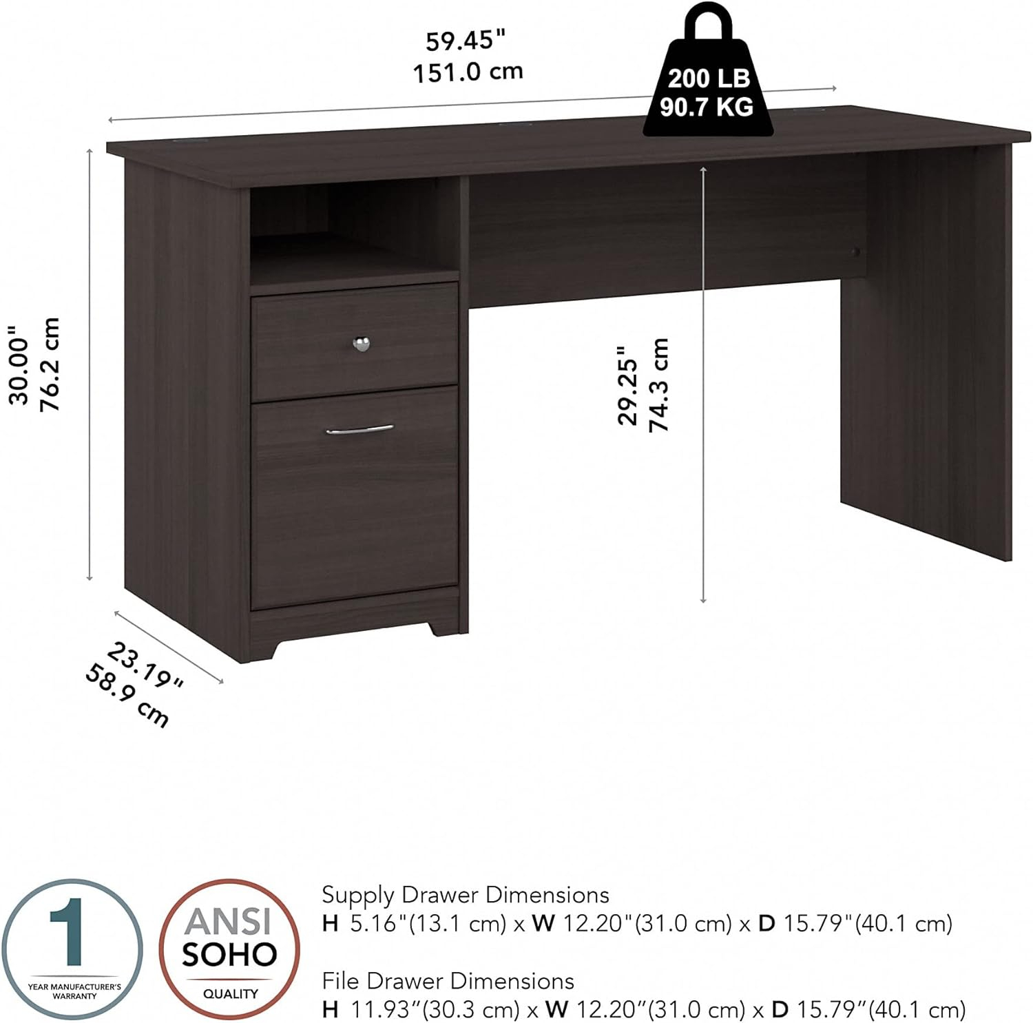 Cabot 60W Computer Desk with Drawers in Heather Gray - Engineered Wood