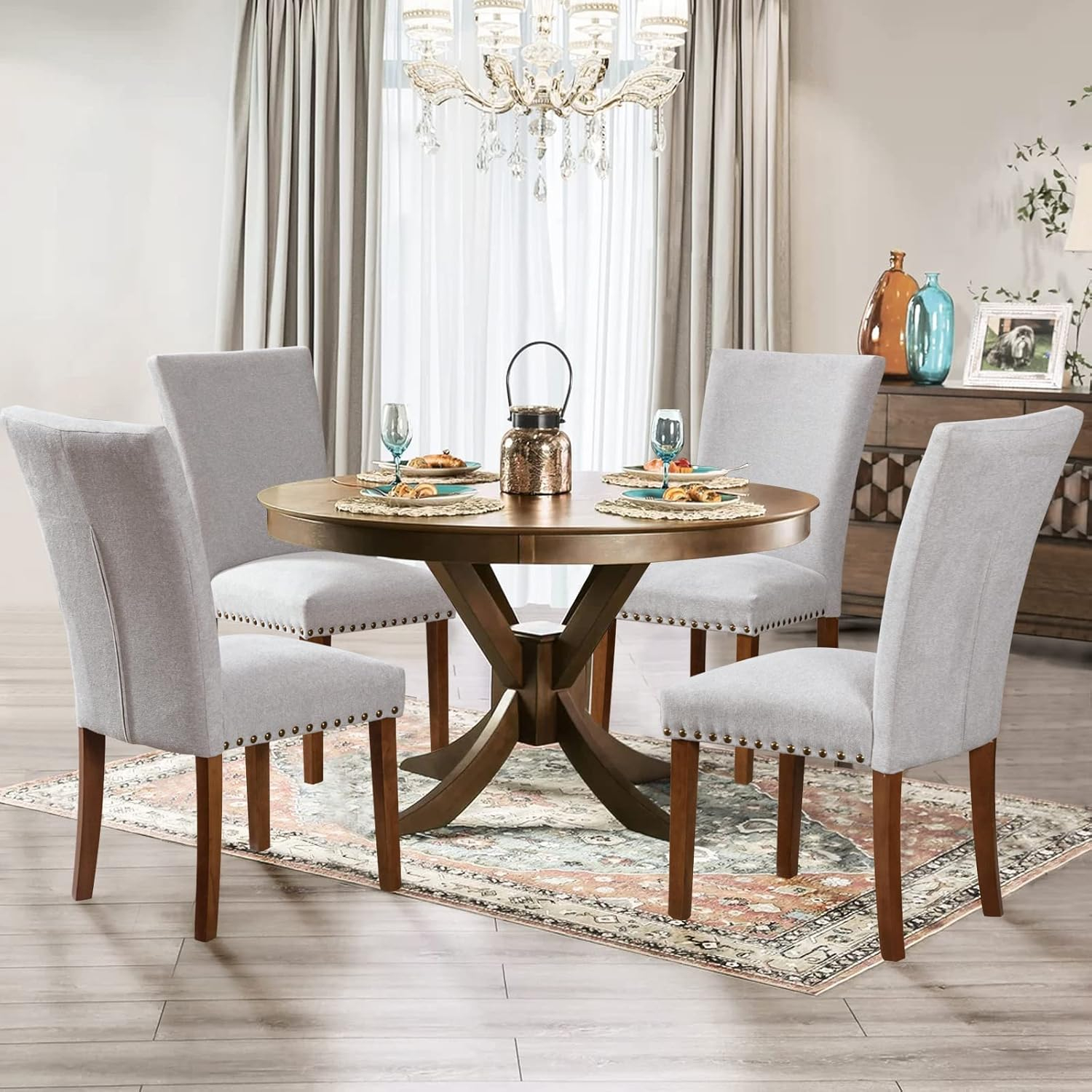 Ora Maison Upholstered Parsons Dining Chairs Set of 2/4/6, Fabric Dining Room Kitchen Side Chair with Nailhead Trim and Wood Legs Set of 4 -