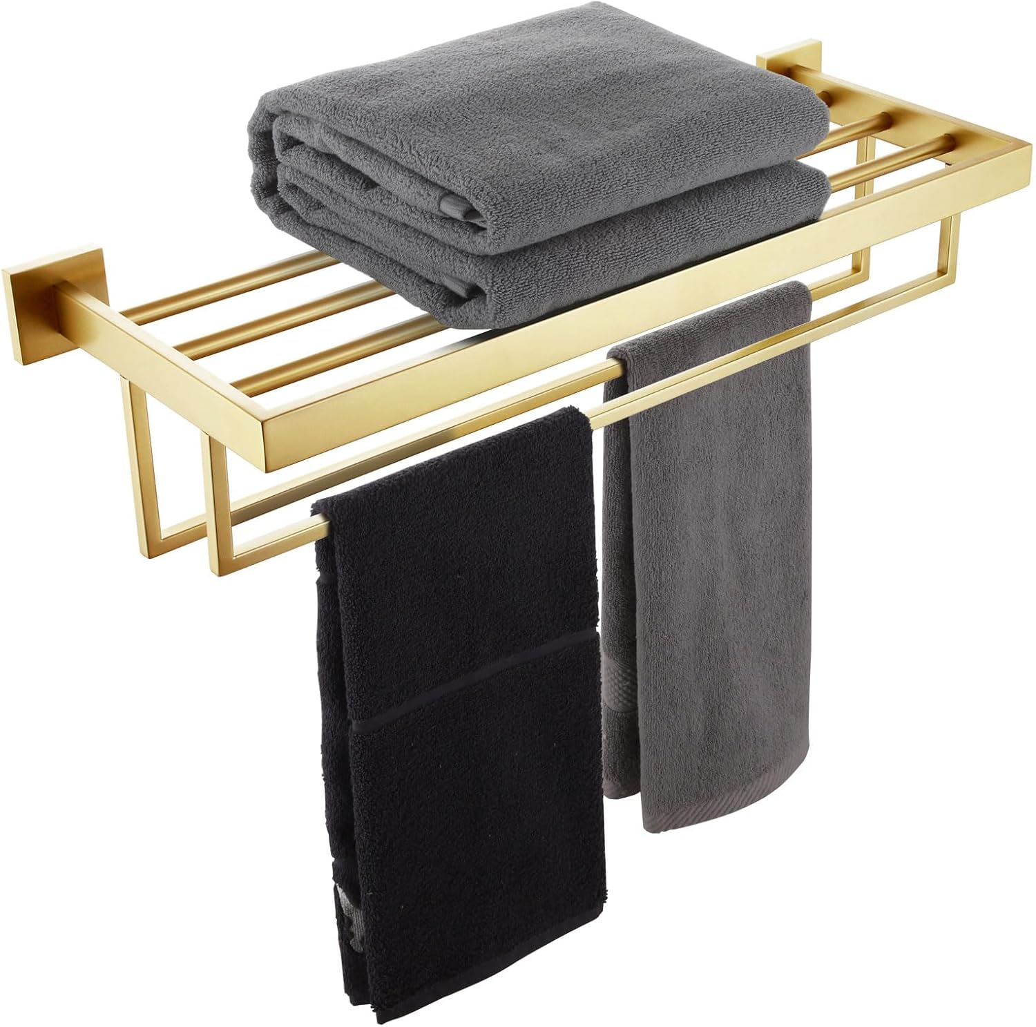 KOKOSIRI Towel Shelf Holder 24'' Bathroom Towel Rack with Two Bath Towel Bars Rails SUS304 Stainless Steel Wall Mount, Brushed Gold, B6003BG