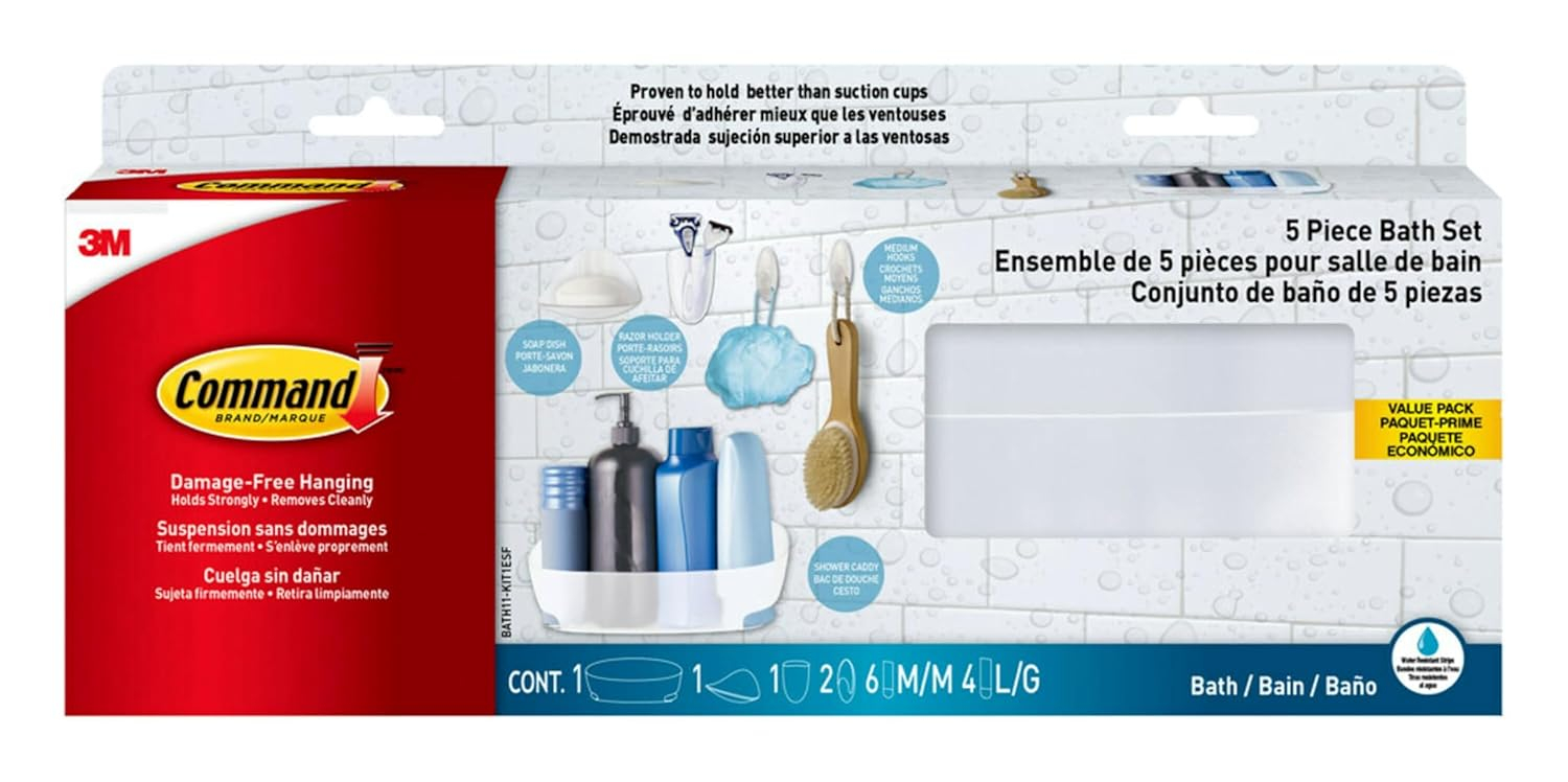 Command 5 Piece Bath Set, 1 Caddy, 1 Soap Dish, 1 Razor Holder, 2 Medium Hooks