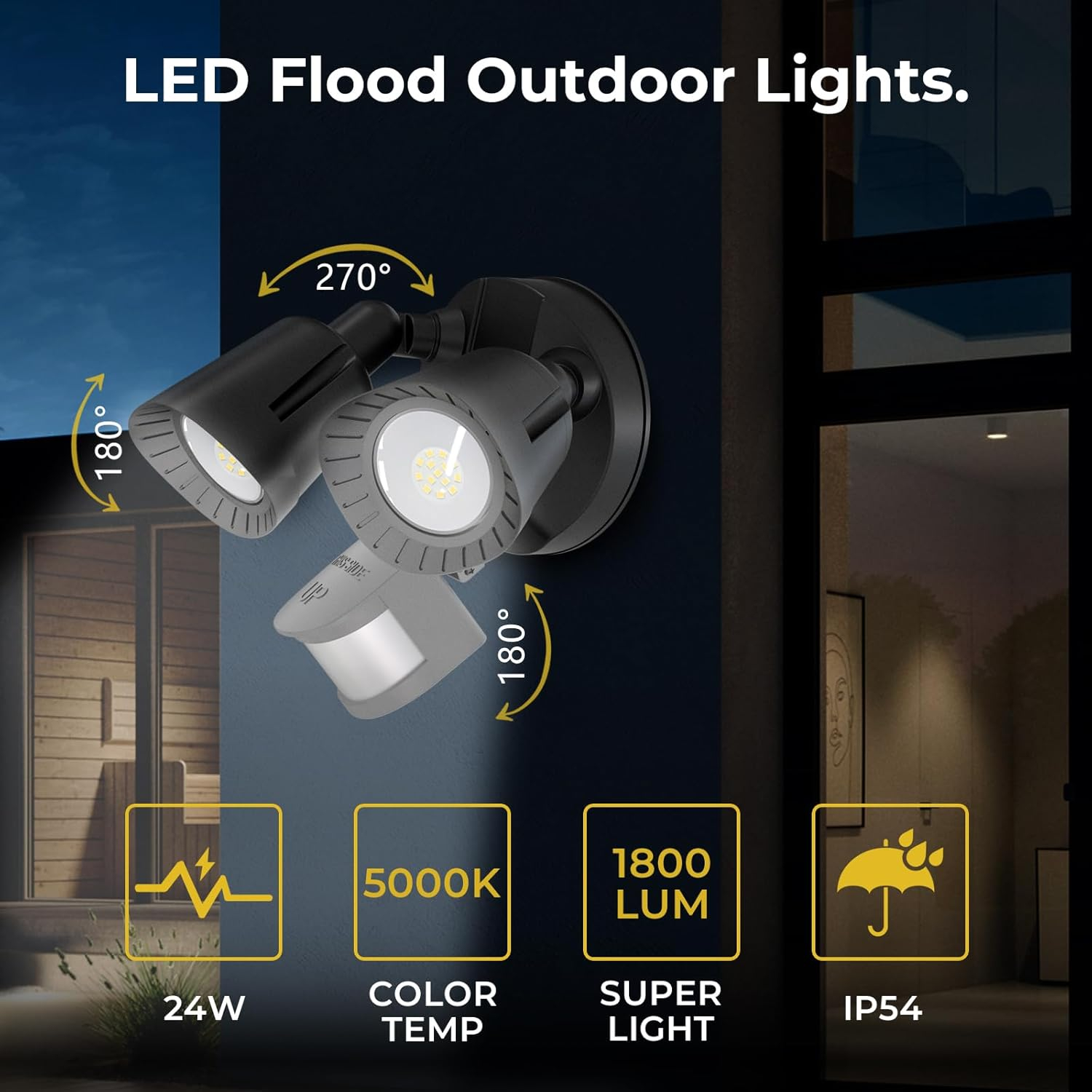 R.W.FLAME LED Flood Motion Sensor Outdoor Lights, 24W 1800LM 5000K IP54 Waterproof, 5 Lighting Modes, 4 Lighting Durations, 3 Detection Distances, for Garage, Yard, Porch, Black.
